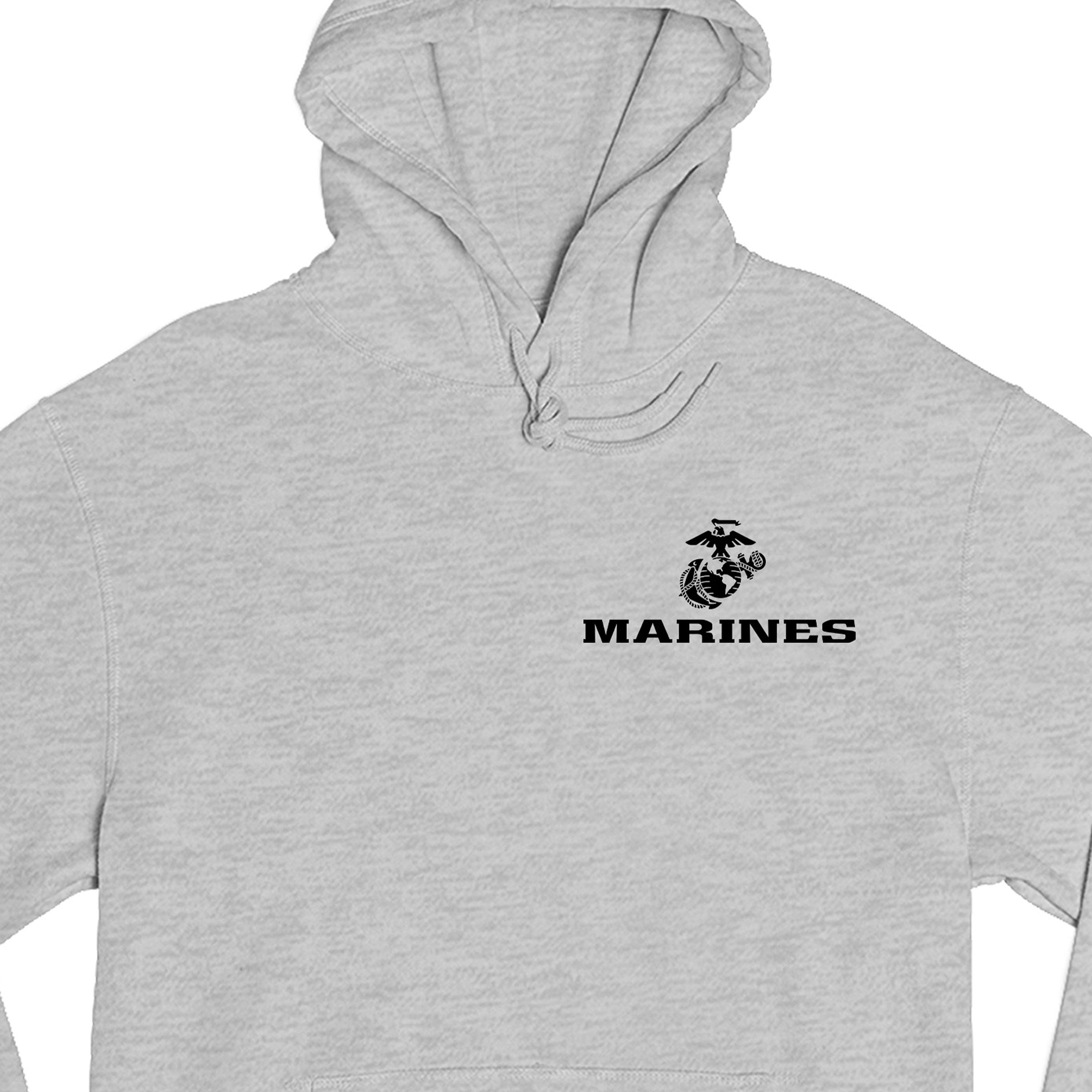 Gray USMC hoodie with Eagle Globe Anchor chest seal and MARINES text