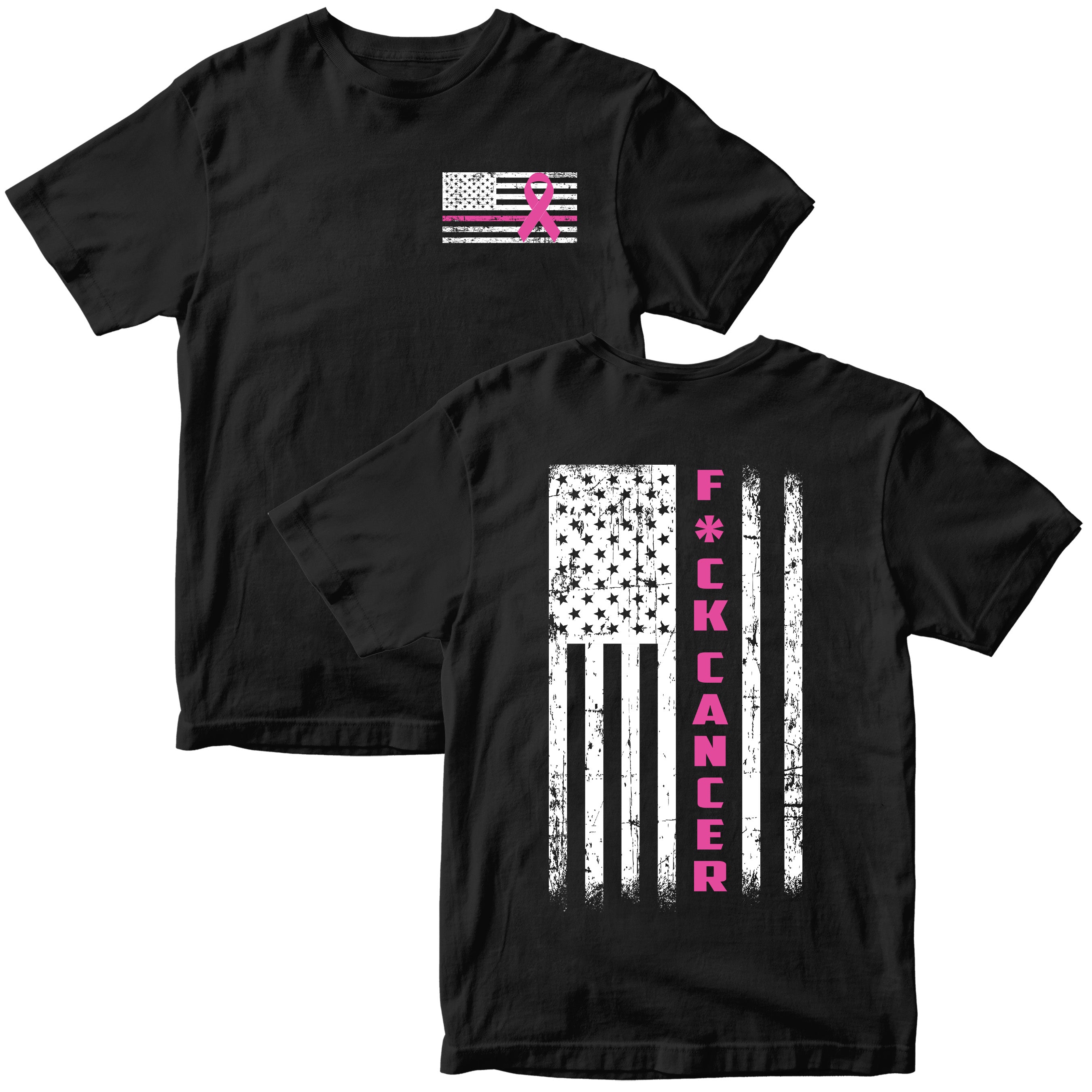 Black F Cancer Awareness T-Shirt. Patriotic Pink Cancer Flag Tee