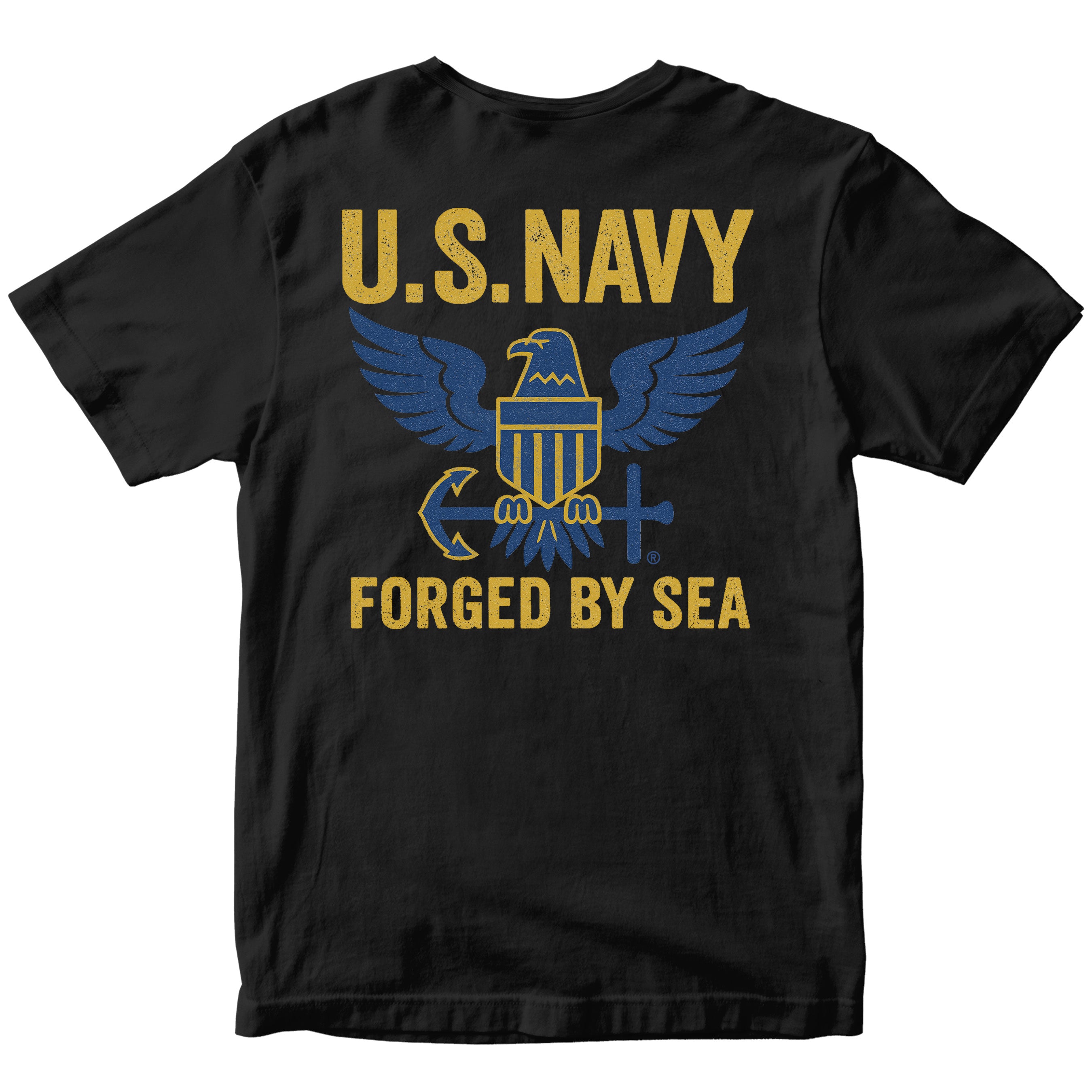 Black U.S. Navy shirt with large gold and blue eagle emblem and Forged By Sea slogan