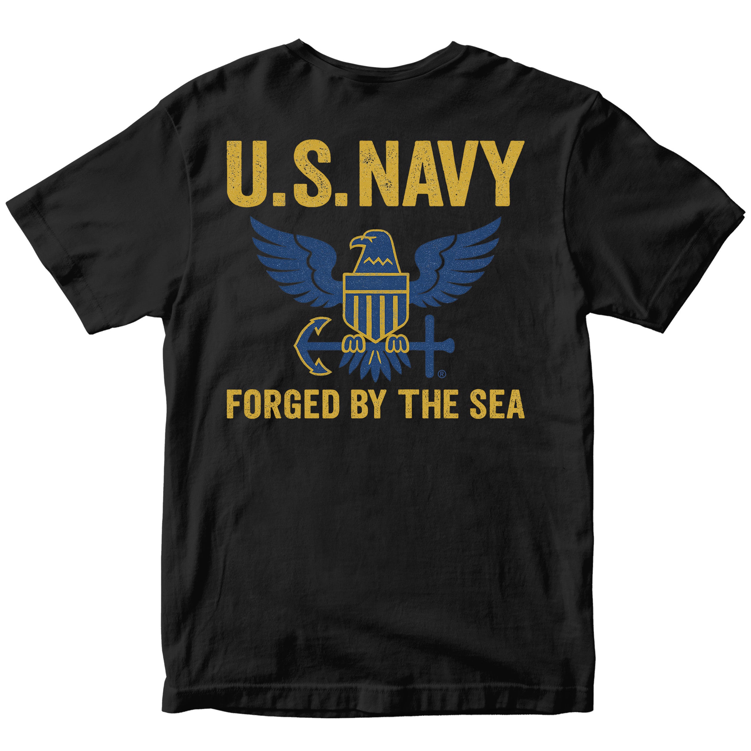 Black U.S. Navy shirt with large gold and blue eagle emblem and Forged By The Sea slogan