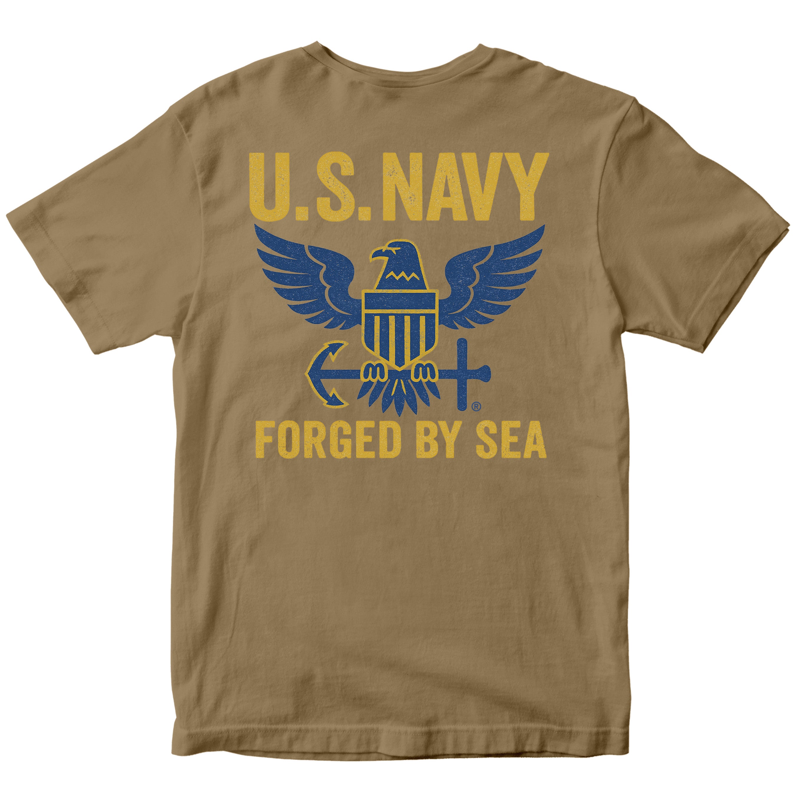 Brown U.S. Navy shirt with large gold and blue eagle emblem and Forged By Sea slogan