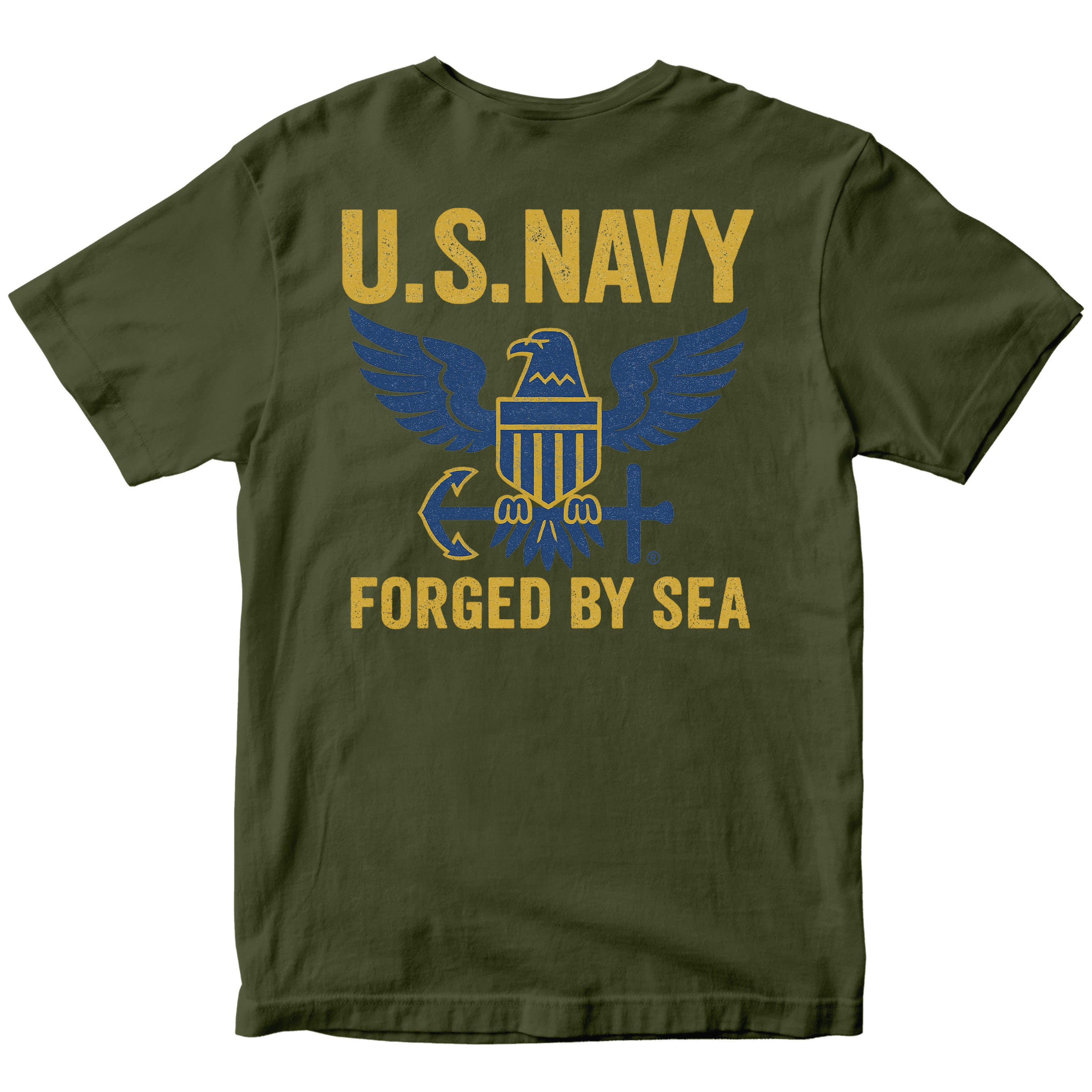 Green U.S. Navy shirt with large gold and blue eagle emblem and Forged By Sea slogan