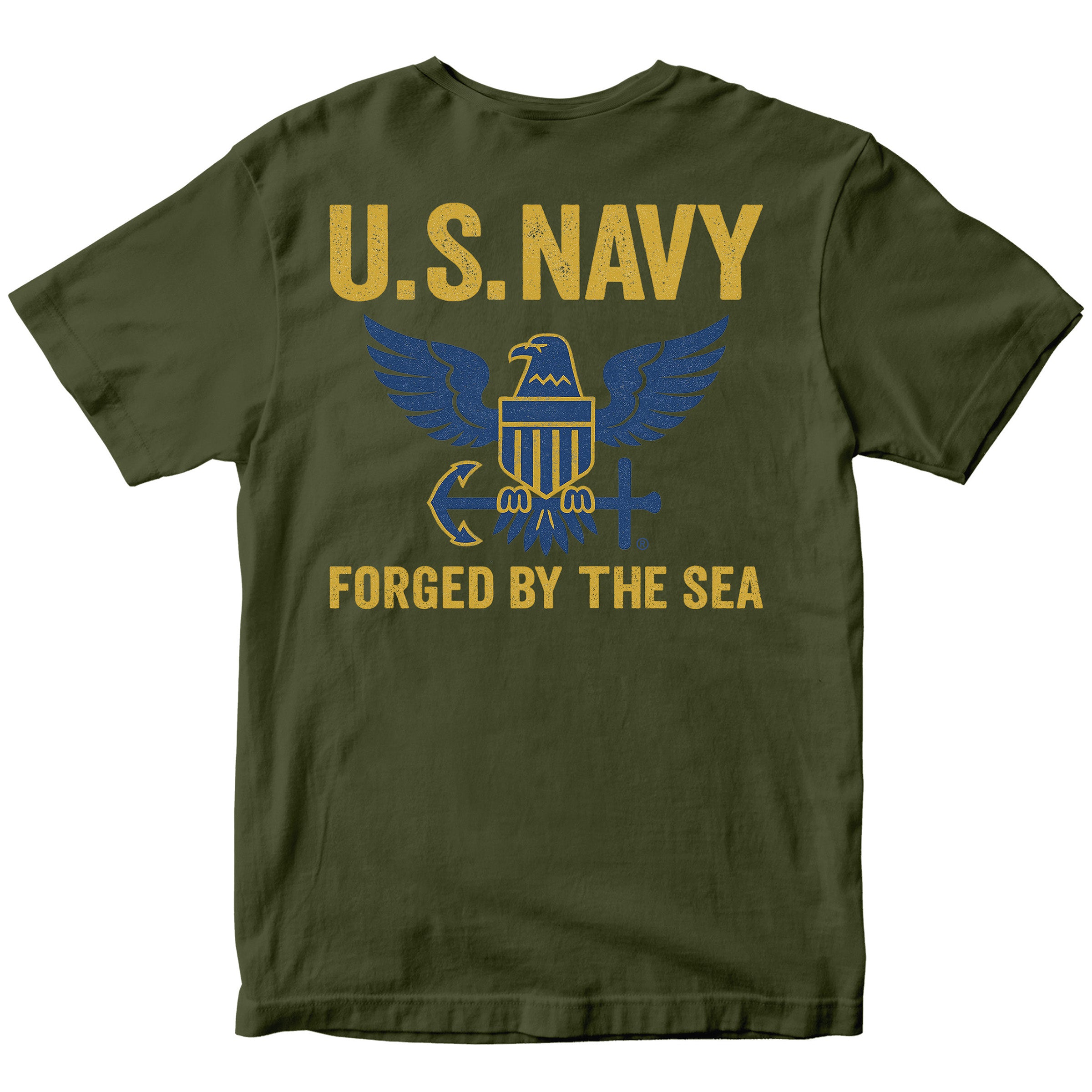 Green U.S. Navy shirt with large gold and blue eagle emblem and Forged By The Sea slogan