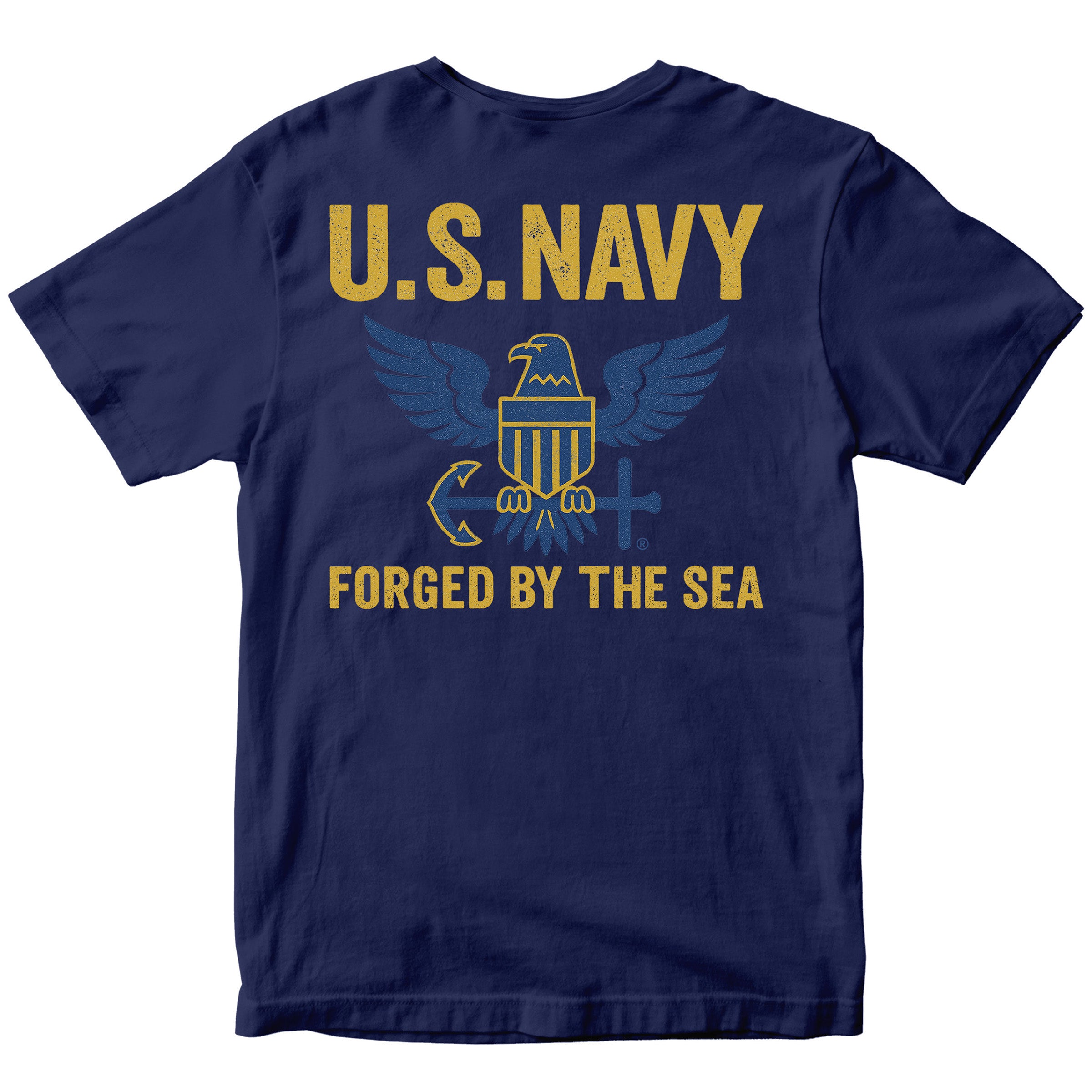 Navy Blue U.S. Navy shirt with large gold and blue eagle emblem and Forged By The Sea slogan