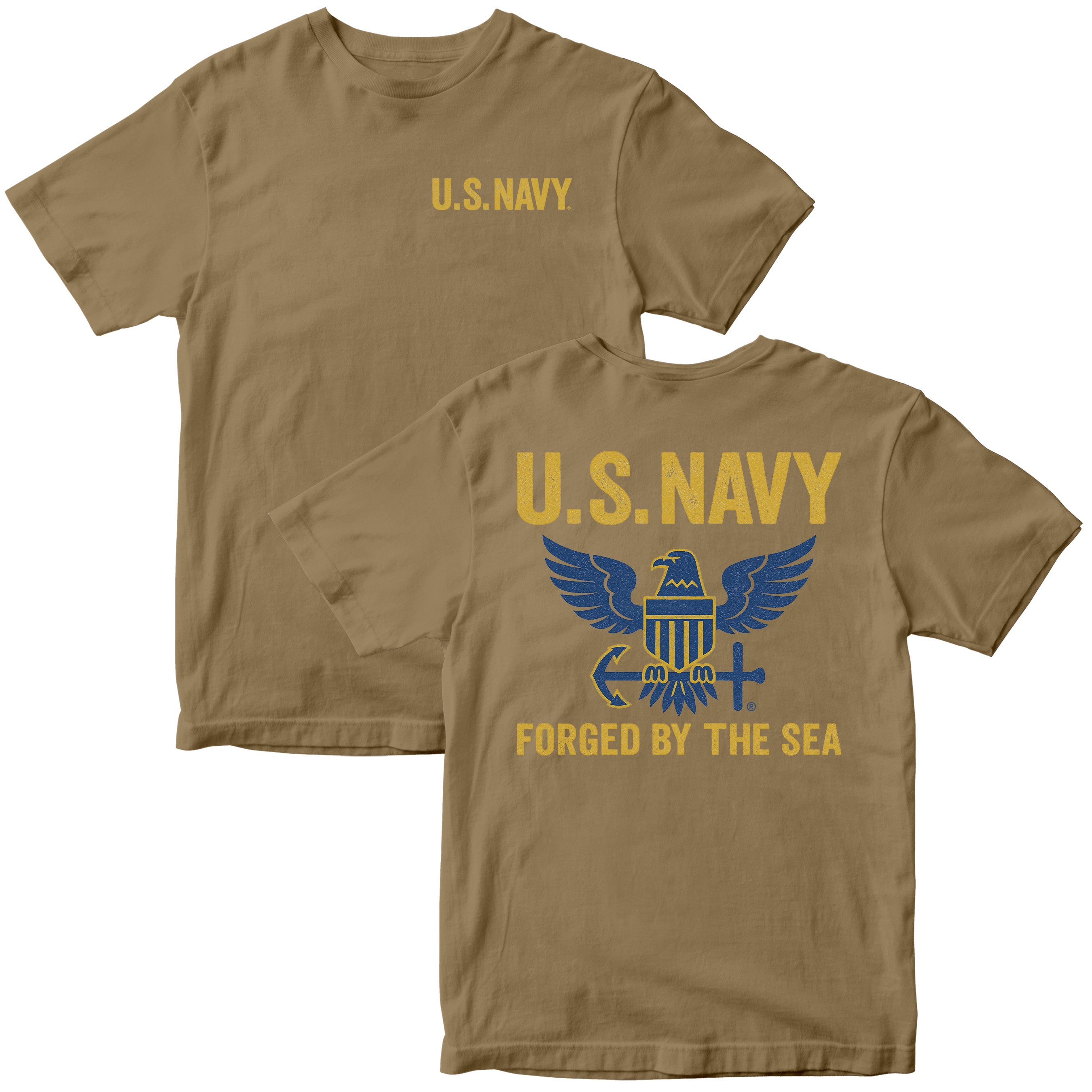 Brown Forged By the Sea t-shirt featuring U.S. Navy text on front and eagle crest on back