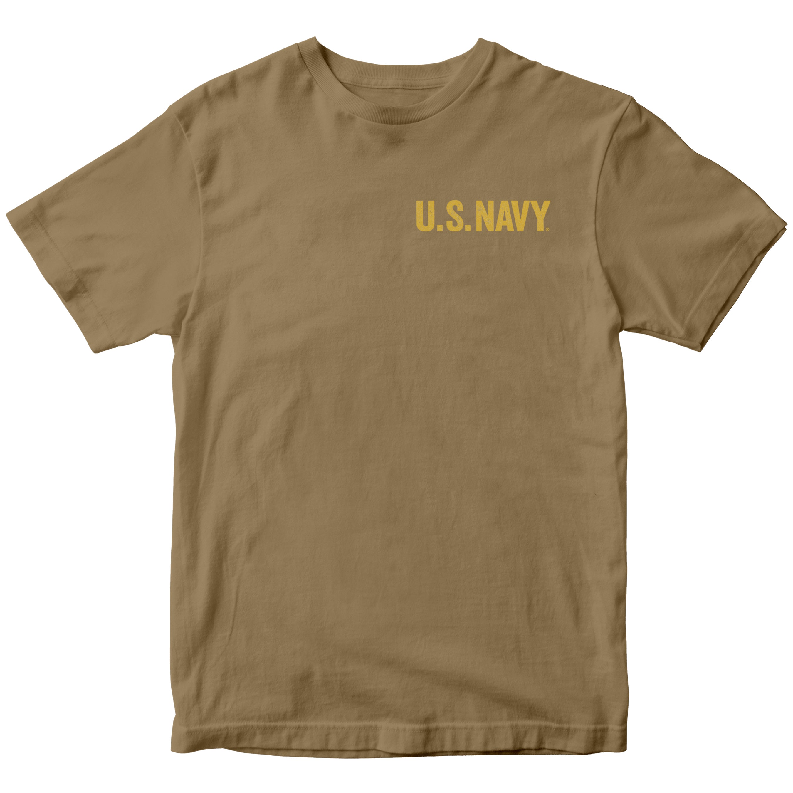 Brown U.S. Navy t-shirt with small gold U.S. Navy text on chest