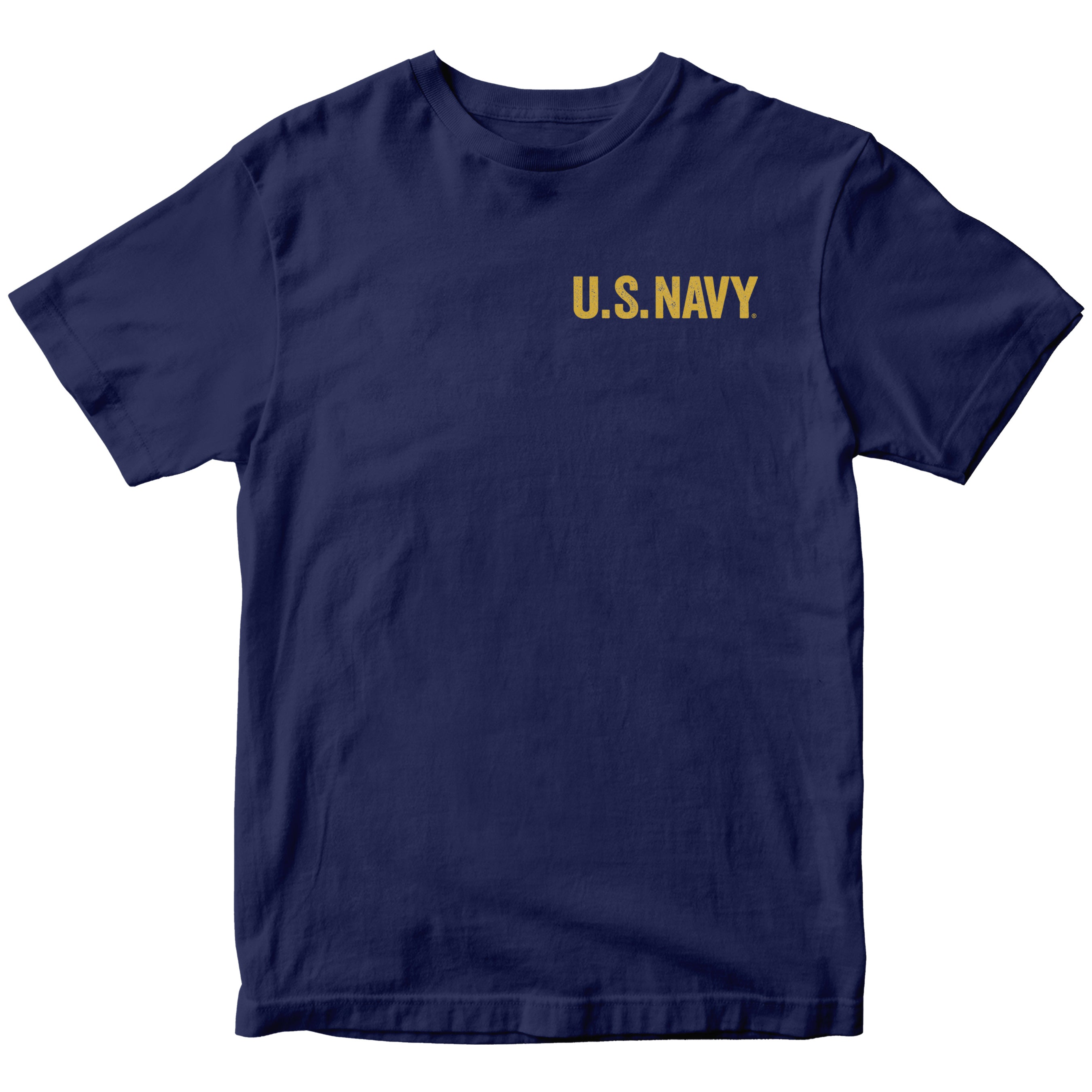 Navy blue U.S. Navy t-shirt with small gold U.S. Navy text on chest
