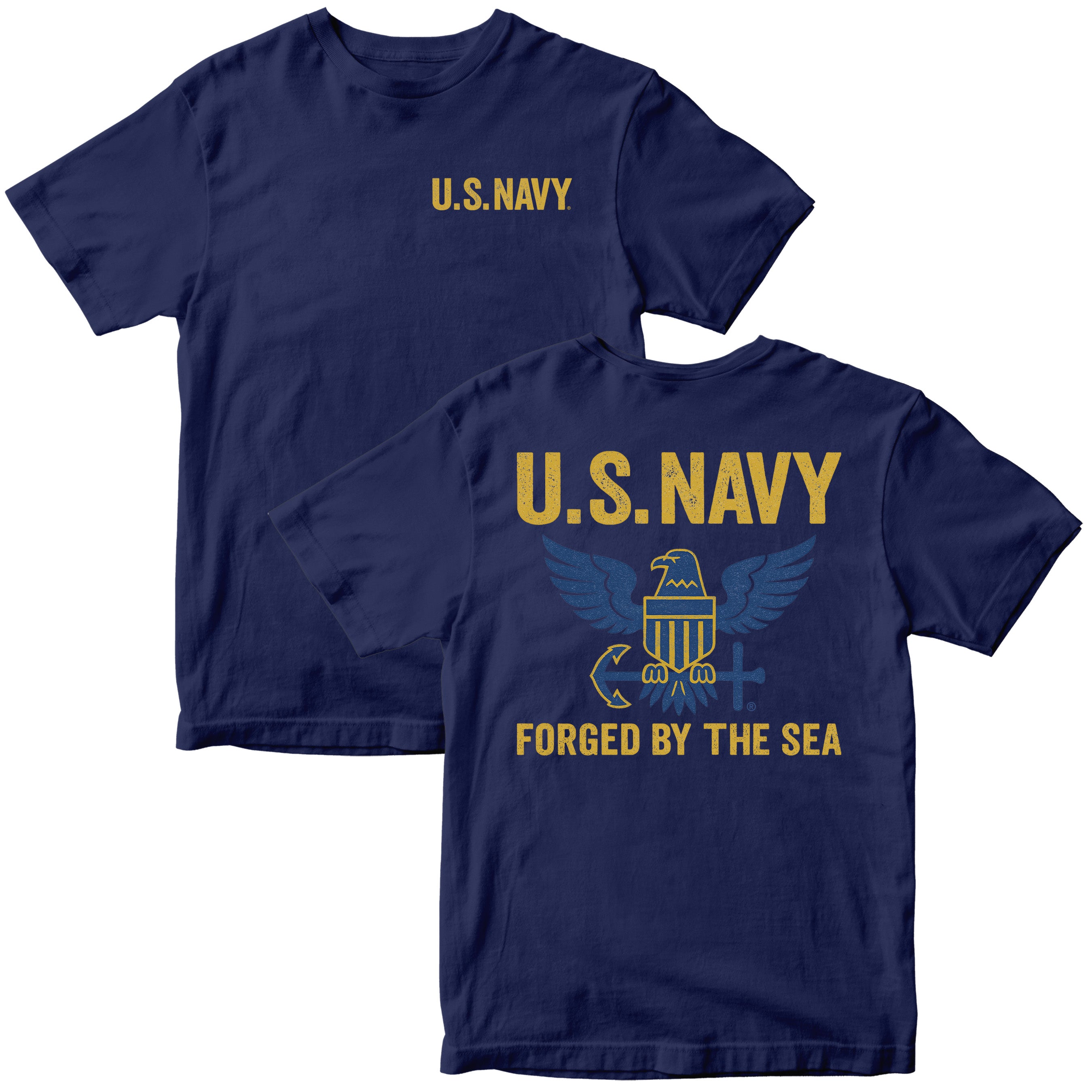 Navy Blue Forged By the Sea t-shirt featuring U.S. Navy text on front and eagle crest on back