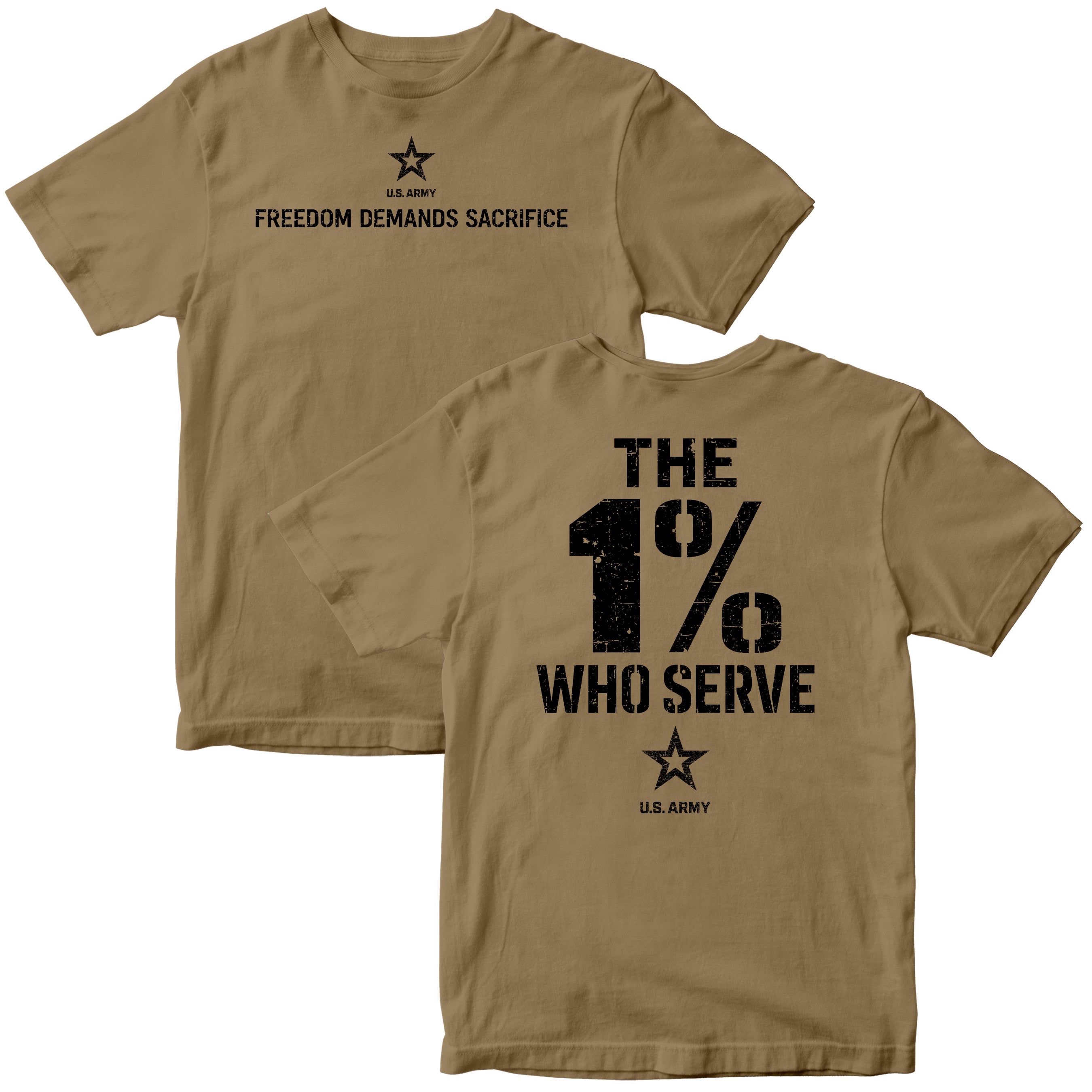 The 1% Who Serve ARMY T-shirt with Freedom Demands Sacrifice graphic. U.S. Army patriotic T-shirt for Memorial Day and 4th of July with 1% who serve design.
