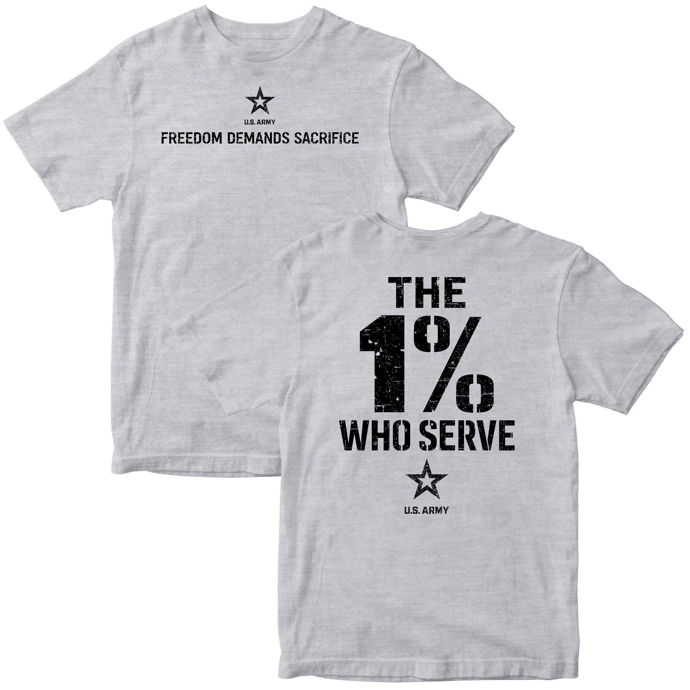 The 1% Who Serve ARMY T-shirt with Freedom Demands Sacrifice graphic. U.S. Army patriotic T-shirt for Memorial Day and 4th of July with 1% who serve design.