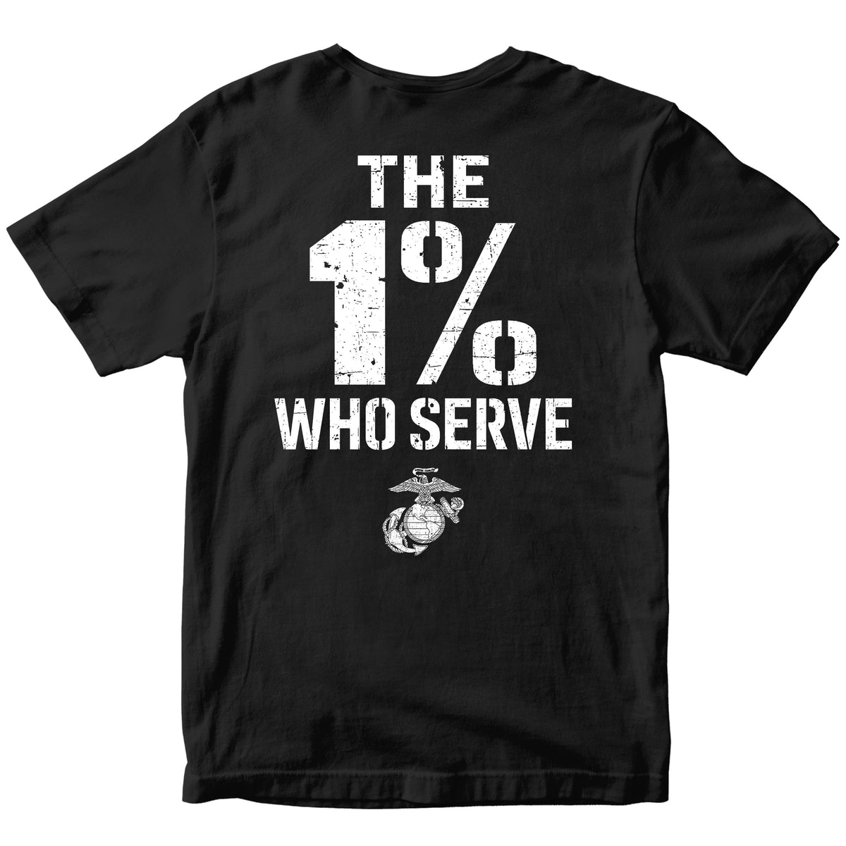 The 1% Who Serve USMC T-shirt. Black USMC patriotic T-shirt for Memorial Day and 4th of July with 1% who serve design.