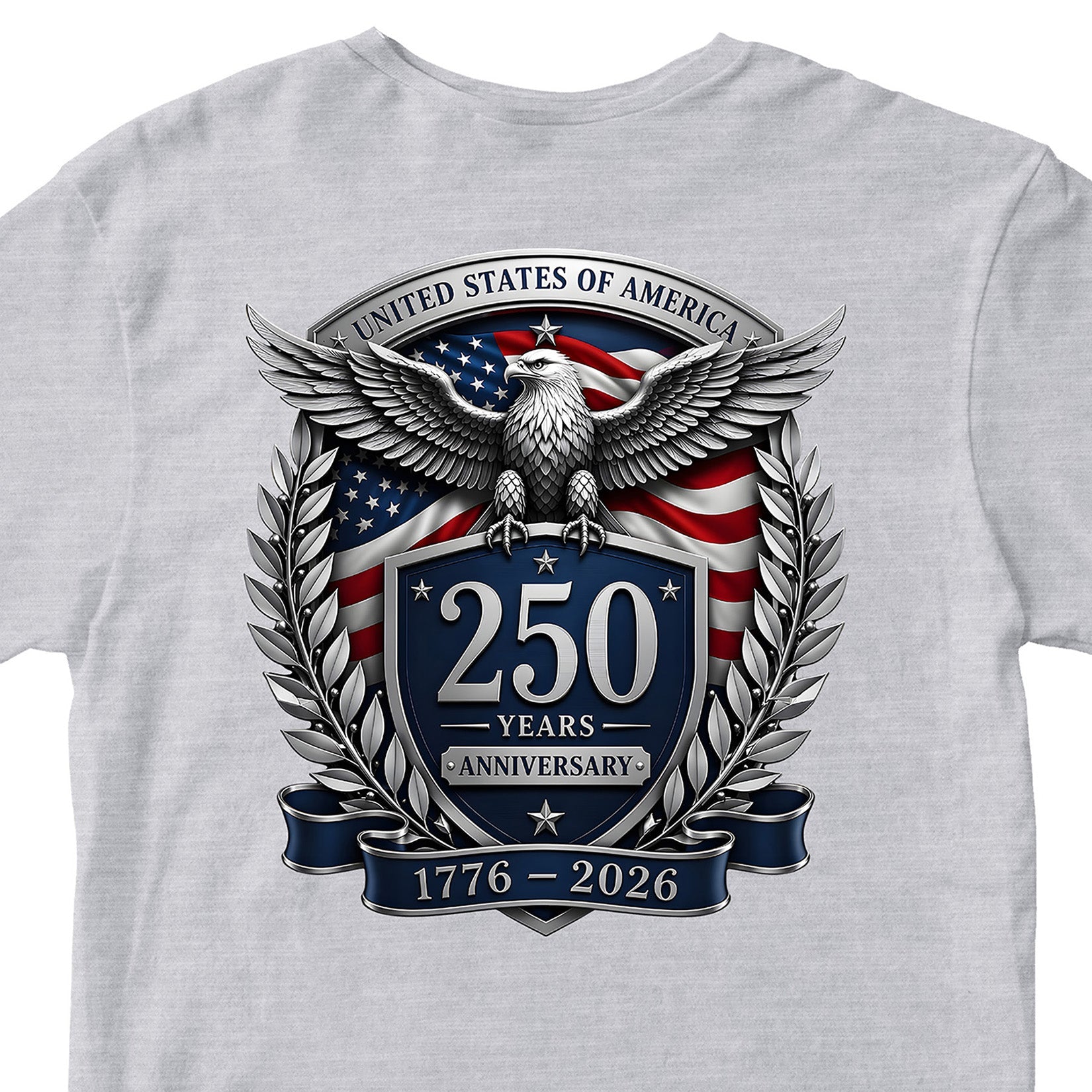 USA 250 years anniversary T-shirt with freedom eagle design and American flag back print. America's 250th birthday tee. USA 250 Years patriotic grey T-shirt.