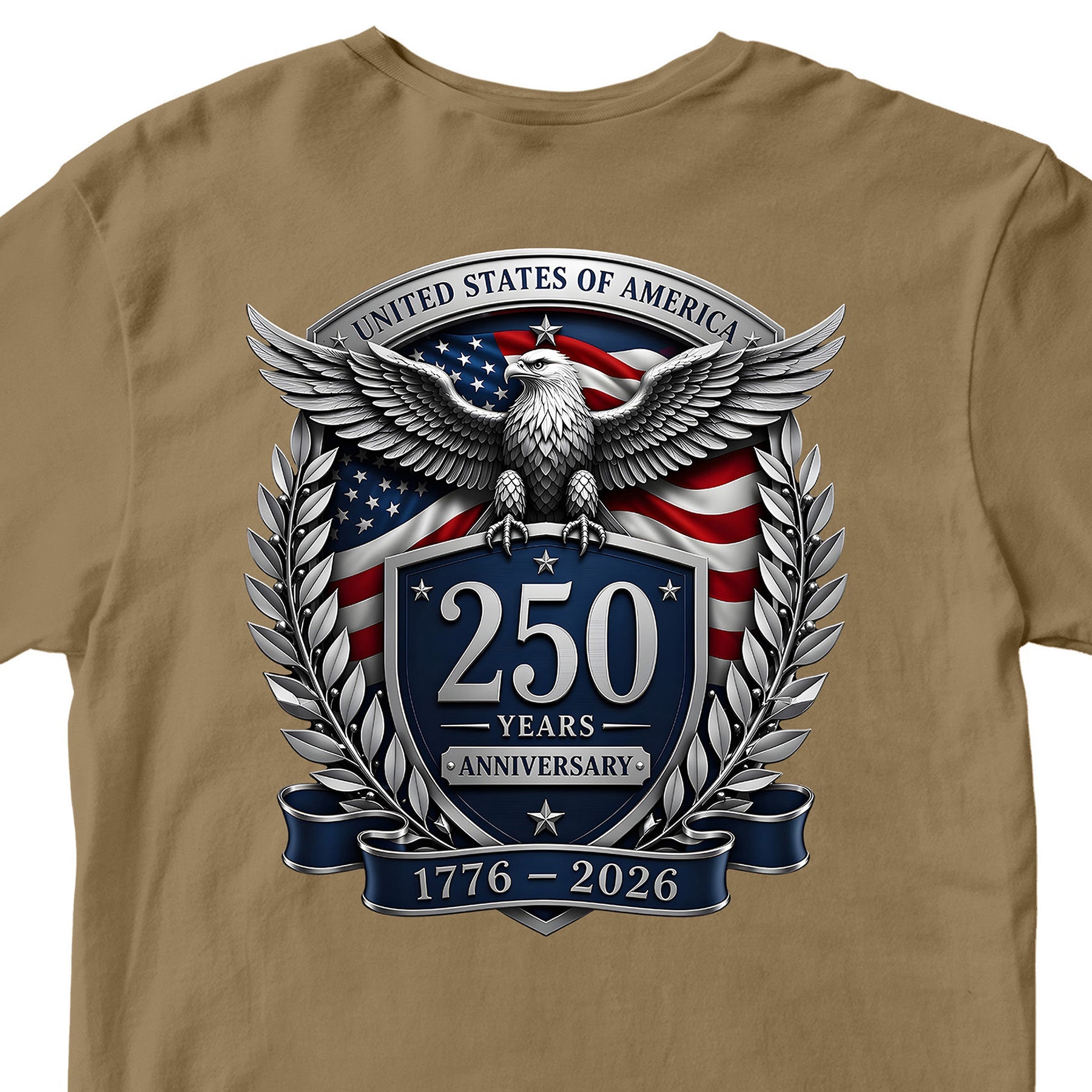 USA 250 years anniversary T-shirt with freedom eagle design and American flag back print. America's 250th birthday tee. USA 250 Years patriotic T-shirt.