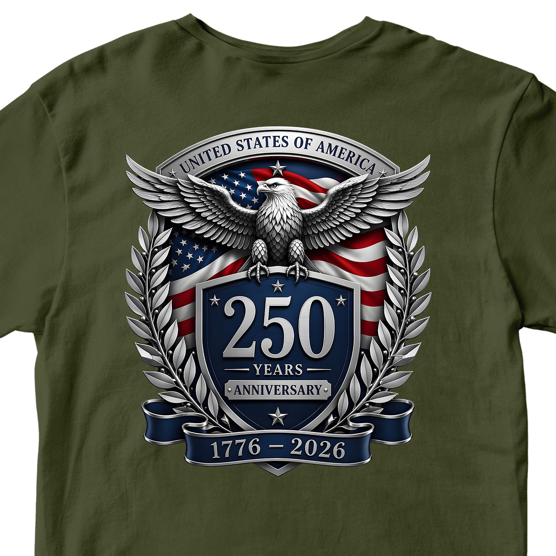 USA 250 years anniversary T-shirt with freedom eagle design and American flag back print. America's 250th birthday tee. USA 250 Years patriotic T-shirt.