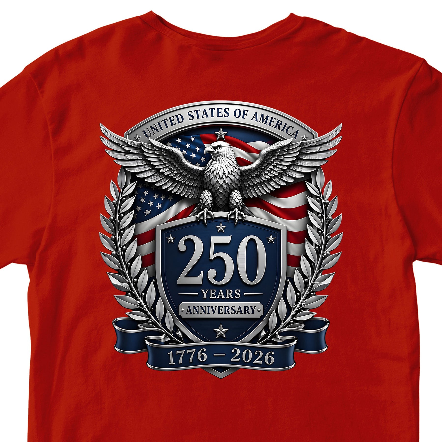 USA 250 years anniversary T-shirt with freedom eagle design and American flag back print. America's 250th birthday tee. USA 250 Years patriotic red T-shirt.
