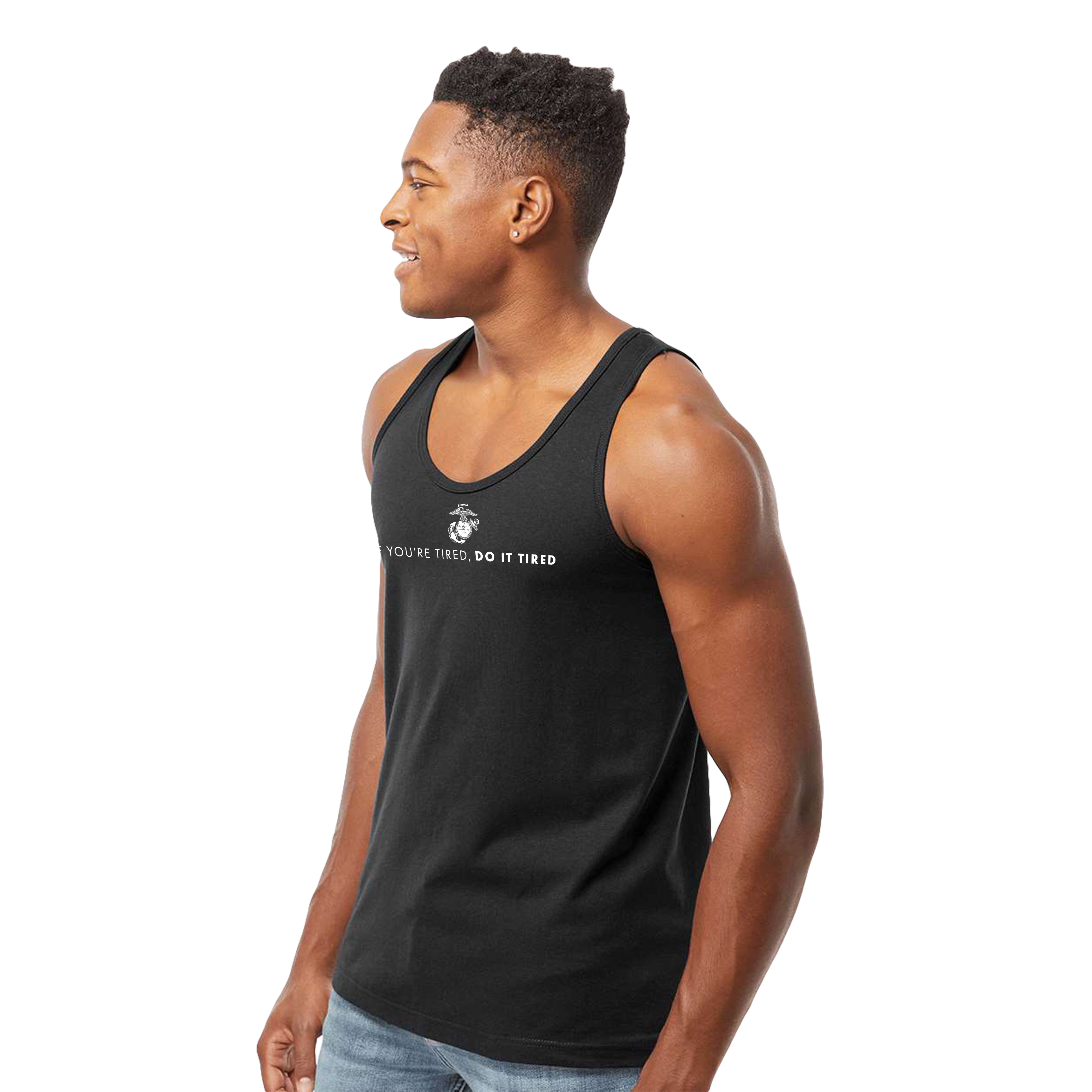 Men’s USMC tank top with Eagle, Globe, and Anchor emblem and motivational text 'If You’re Tired, Do It Tired' across the chest.