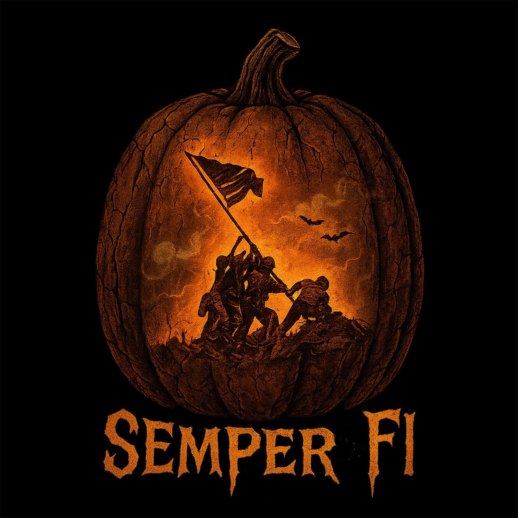 Iwo Jima flag raising inside glowing jack-o’-lantern with “Semper Fi” text below. Marines Halooween Tee. USMC Halloween T-shirt