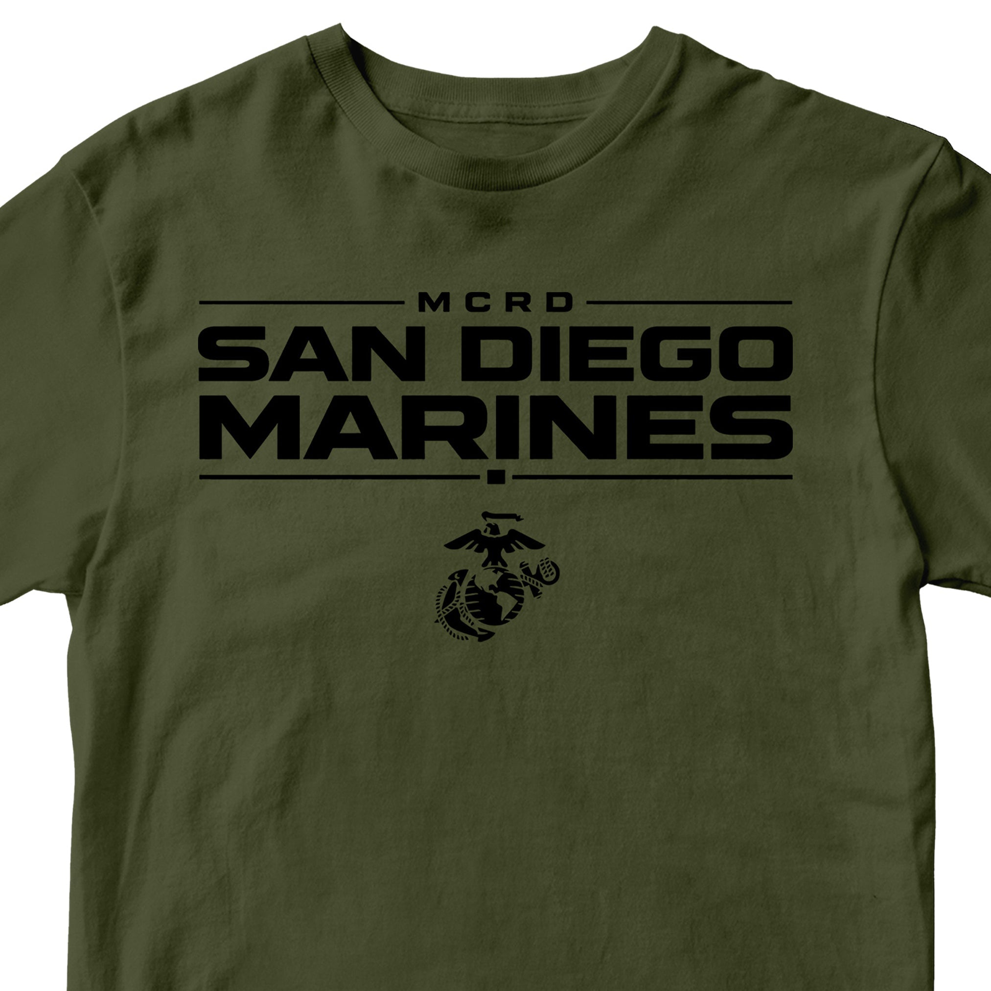 Green MCRD San Diego Marines T-shirt with Eagle Globe and Anchor Marine Corps design. Marine Corps MCRD San Diego Tee