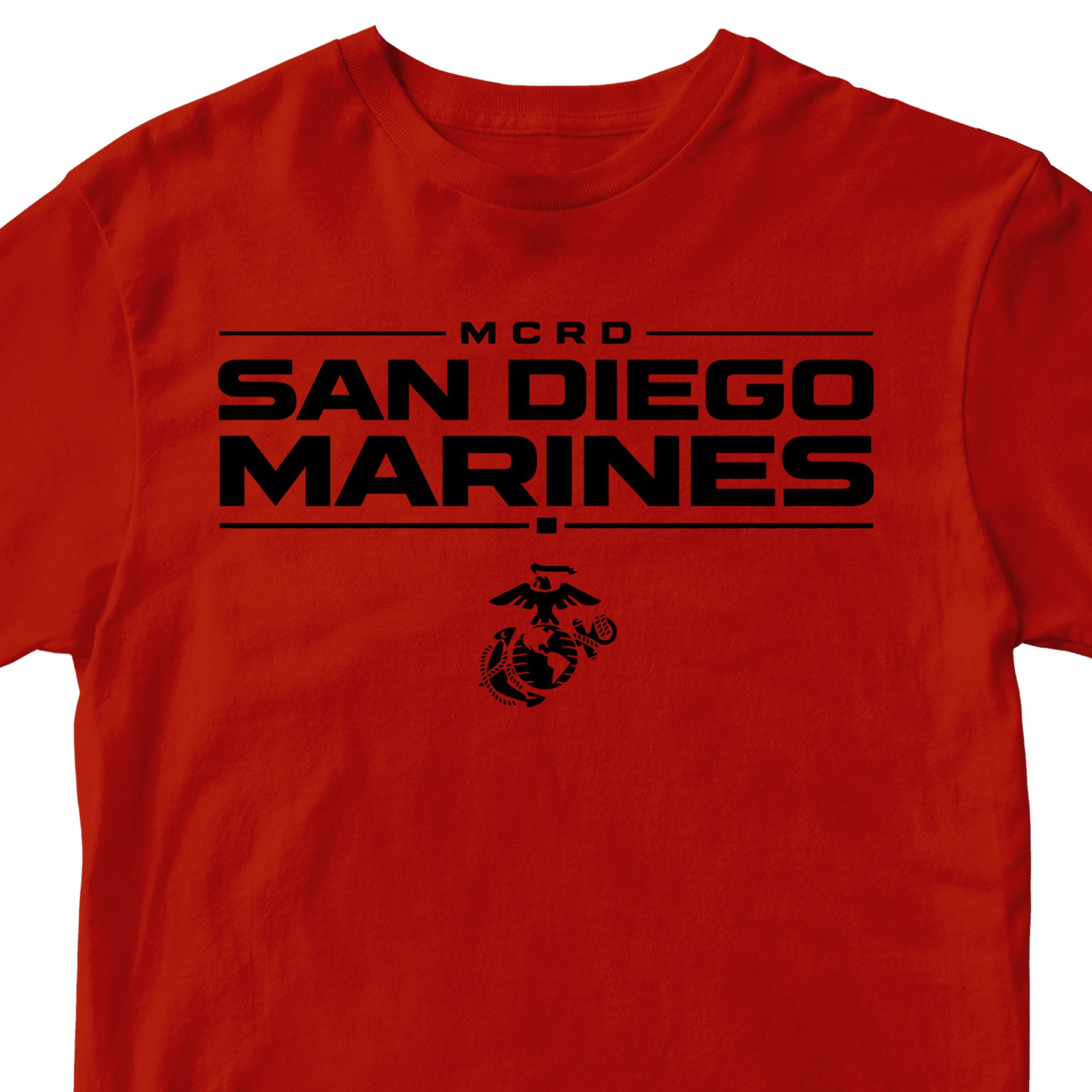Red MCRD San Diego Marines T-shirt with Eagle Globe and Anchor Marine Corps design. Marine Corps MCRD San Diego Tee