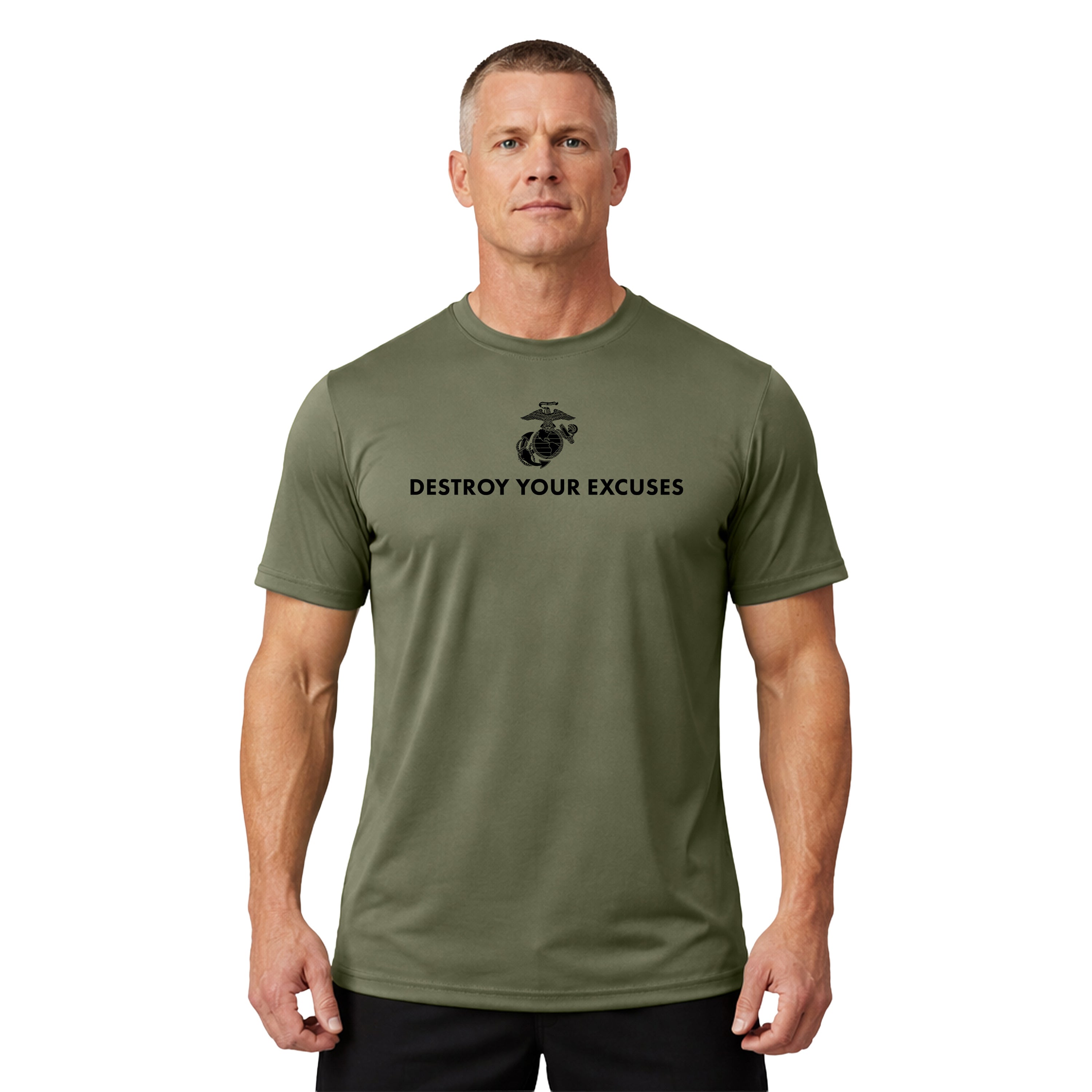 Green USMC motivational performance T-shirt featuring ‘Destroy Your Excuses’ text and Marine Corps EGA. 