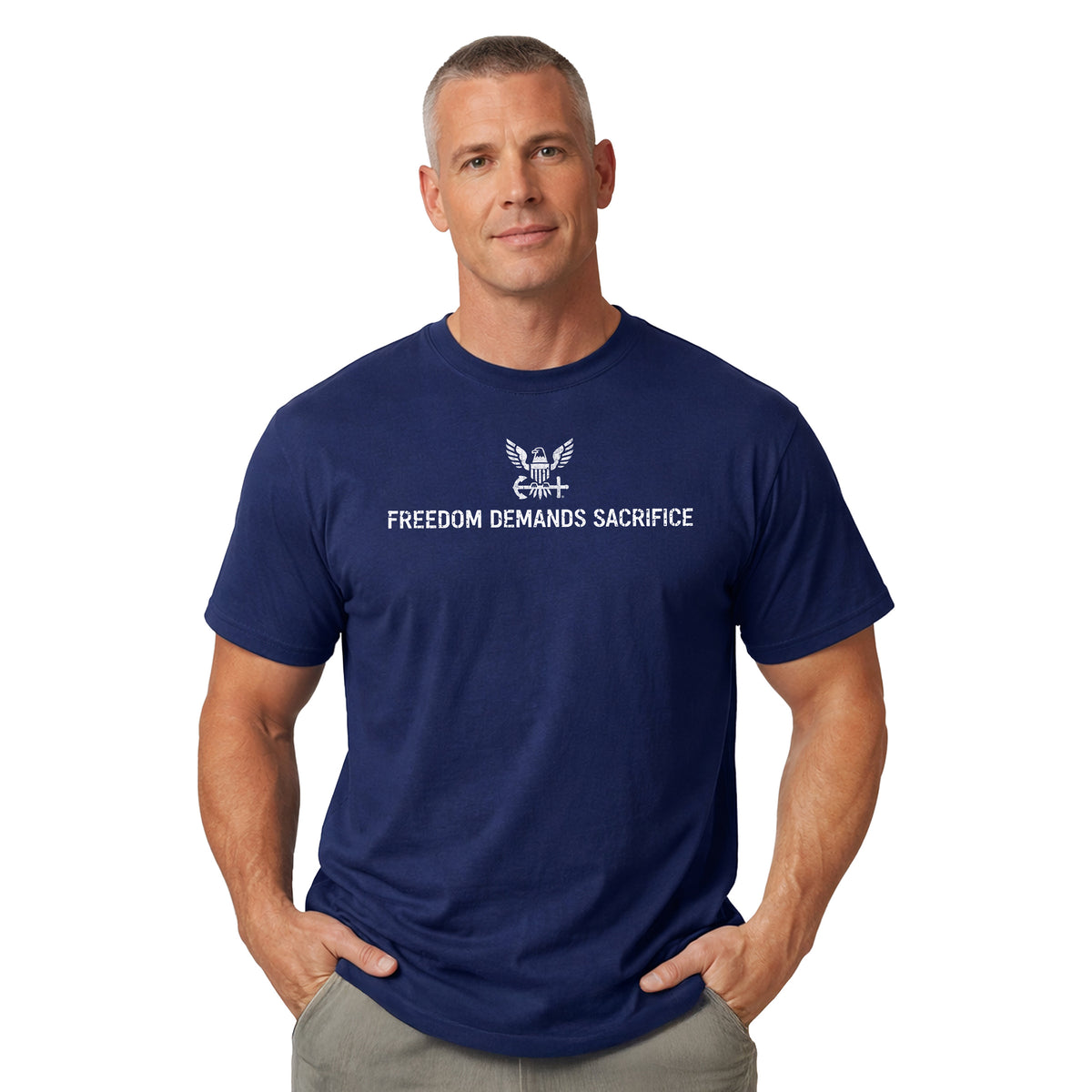 Navy T-shirt with Freedom Demands Sacrifice graphic. U.S. Navy patriotic T-shirt for Memorial Day and 4th of July 