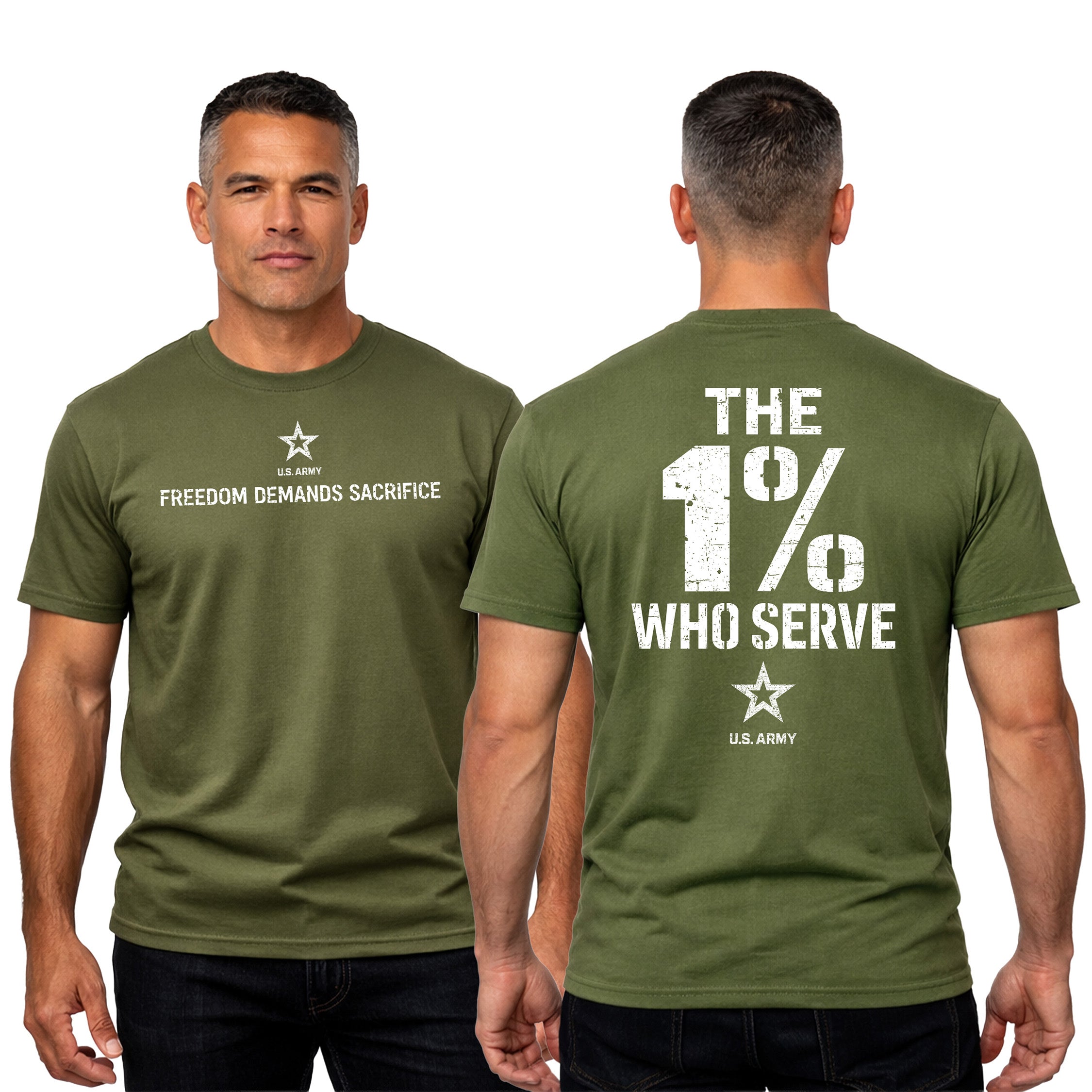 The 1% Who Serve ARMY T-shirt with Freedom Demands Sacrifice graphic. U.S. Army patriotic T-shirt for Memorial Day and 4th of July with 1% who serve design.