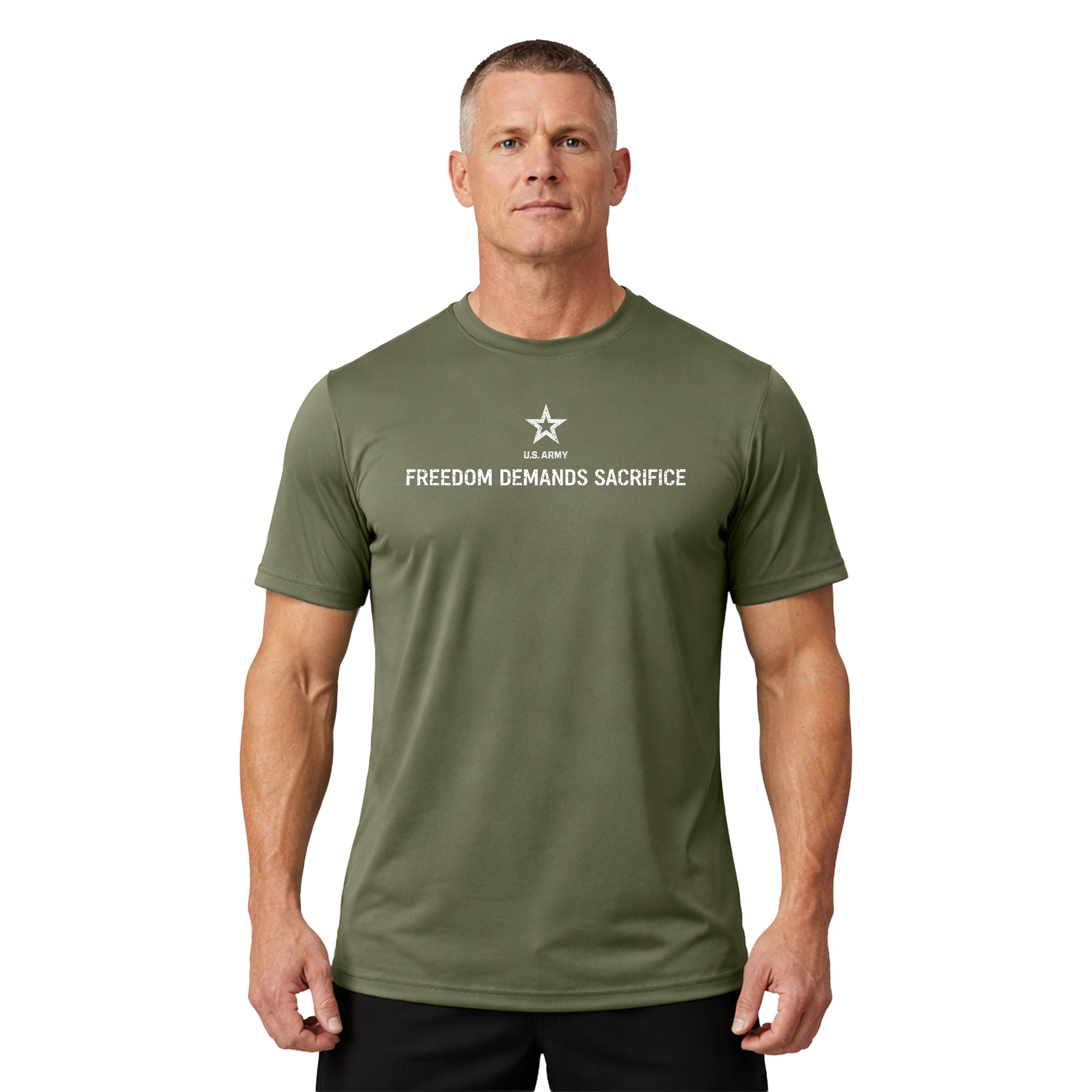 ARMY Performance T-shirt with Freedom Demands Sacrifice Graphic. U.S. Army patriotic T-shirt for Memorial Day and 4th of July with 1% who serve design.