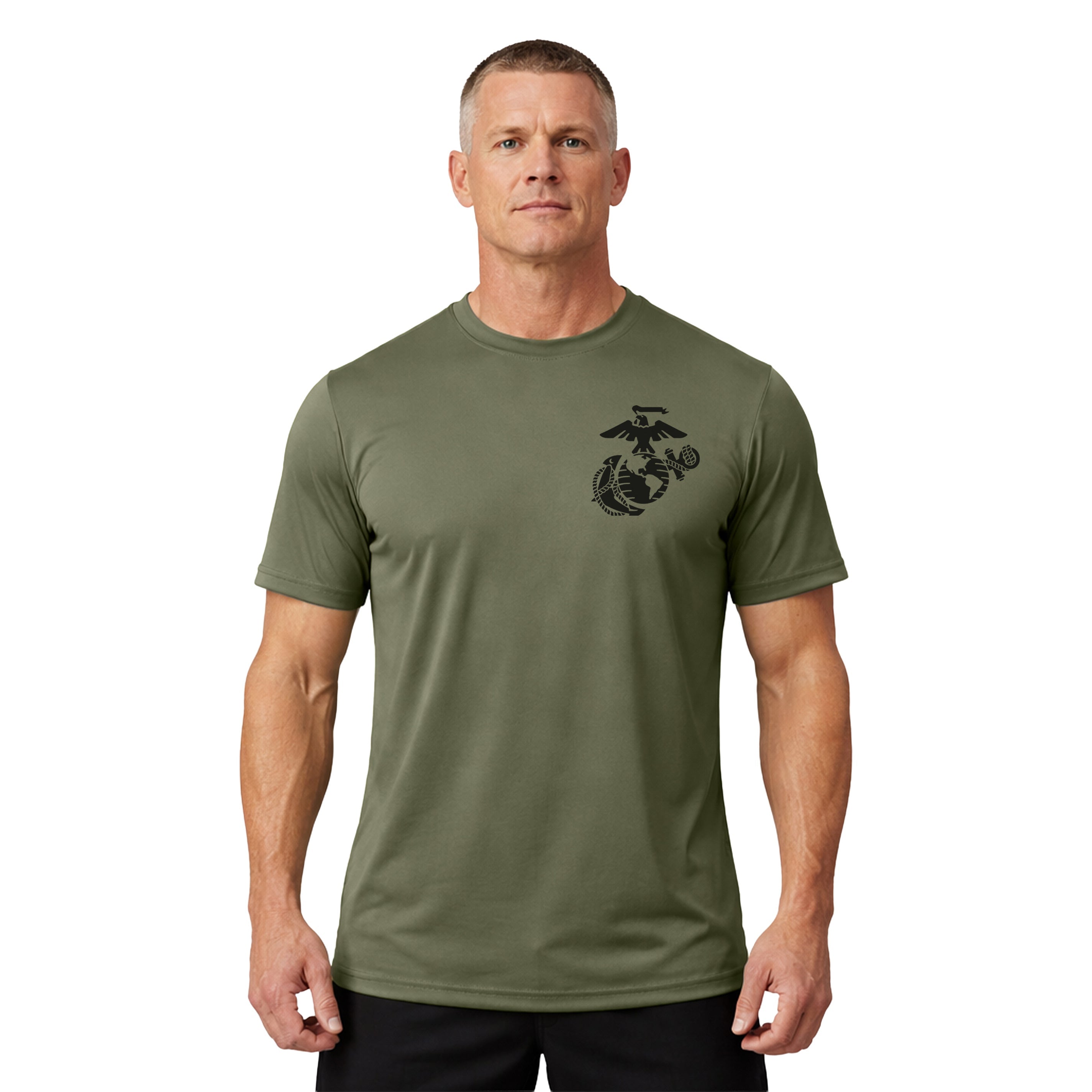 Marines 250th Birthday Performance T-shirt featuring Iwo Jima Flag Raising and 'United States Marine Corps Birthday' text. USMC 250th anniversary tee.