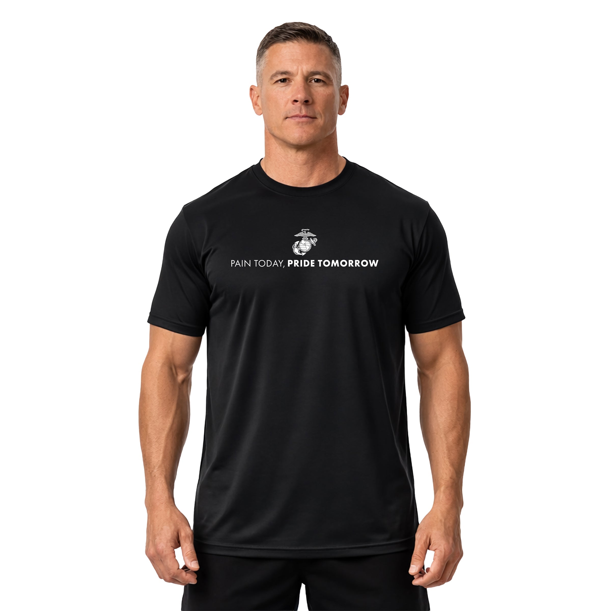 Black USMC motivational performance t-shirt with EGA emblem and text reading 'Pain Today, Pride Tomorrow' – Marine Corps workout and training shirt.