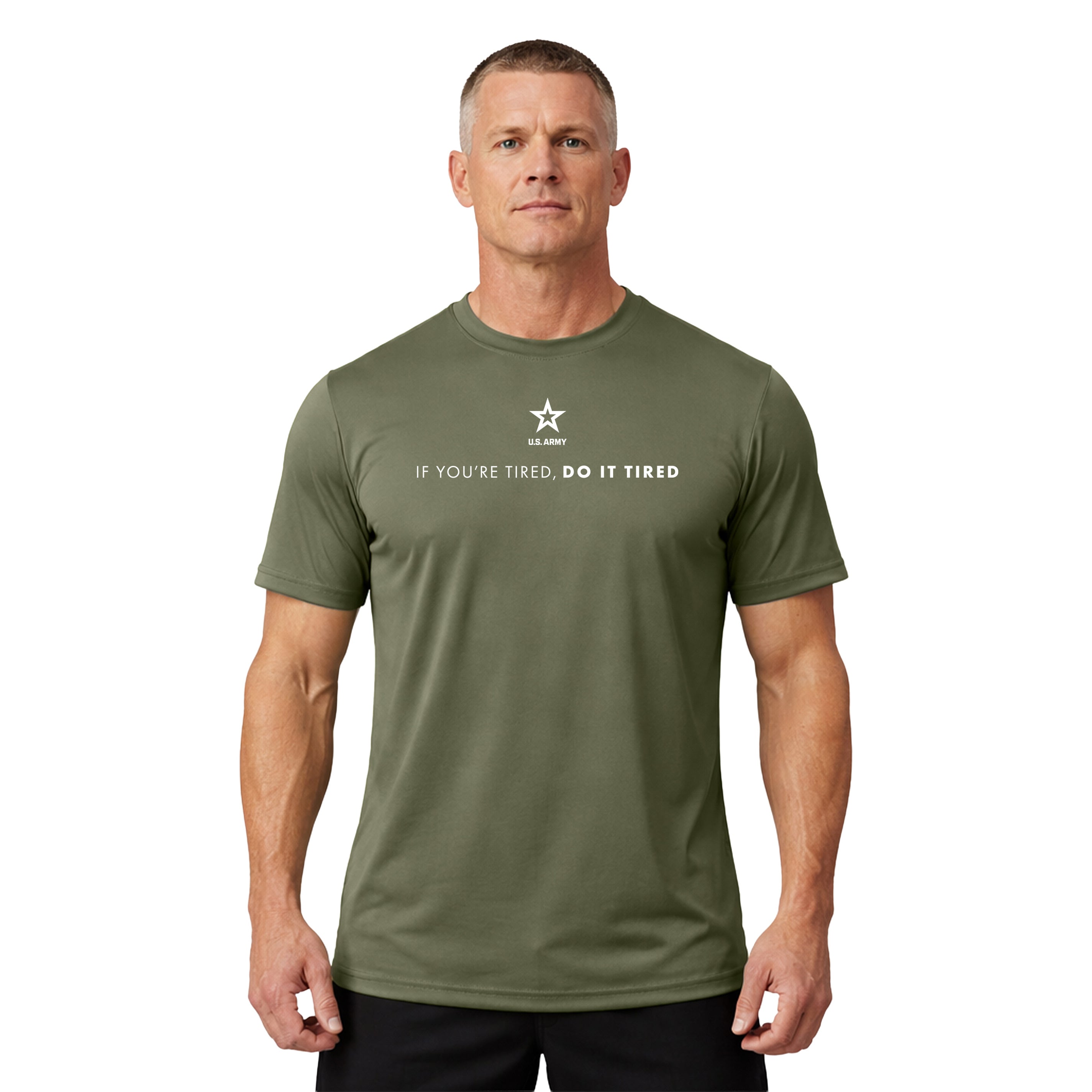Green Army Performance T-shirt with U.S. Army 'If you're tired, do it tired' Quote and Army star logo. Army workout tee. Army activewear.