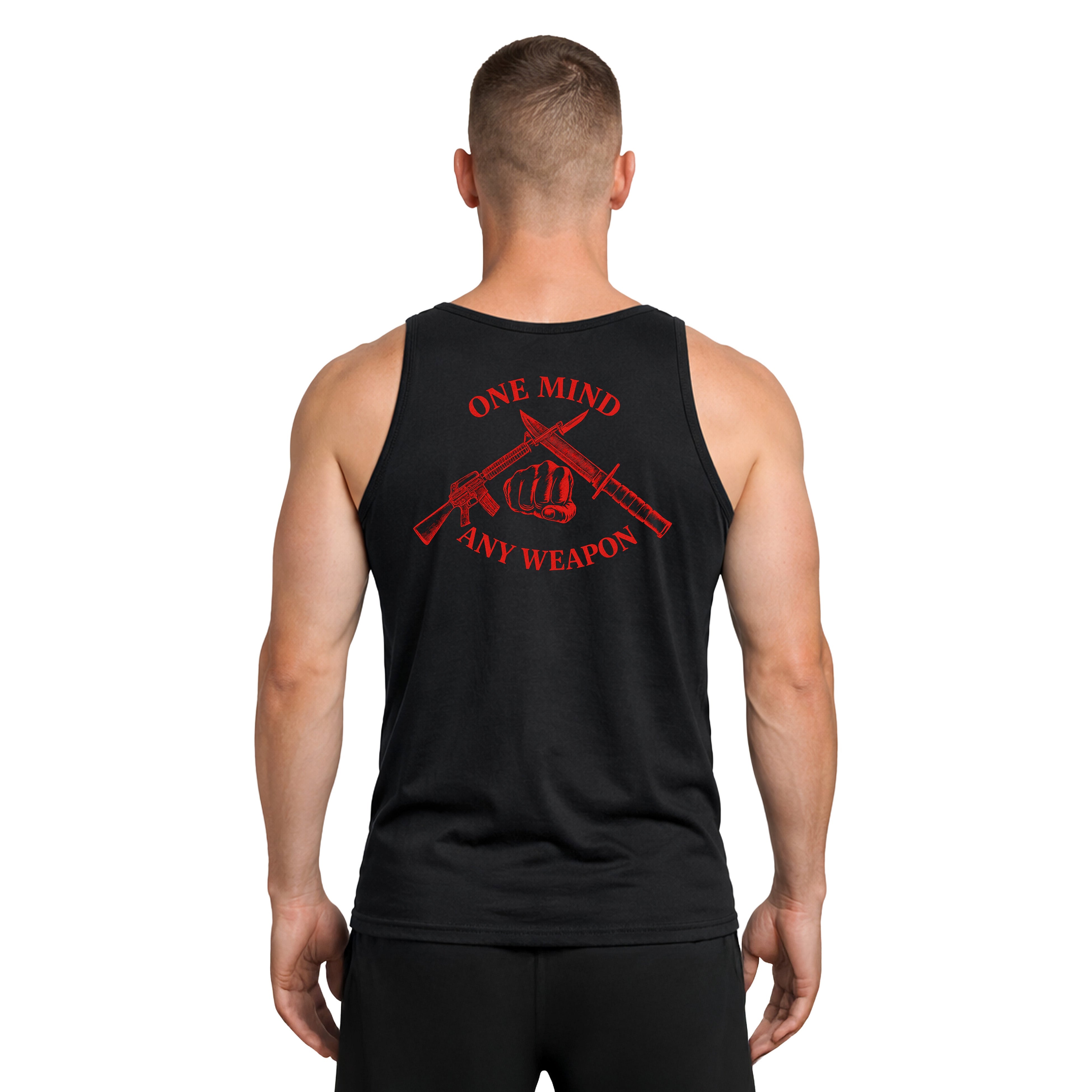 Black Marines Fight Club Tank with chest EGA and back graphic reading ‘One Mind Any Weapon’ with crossed riffle and knife and clenched fist.