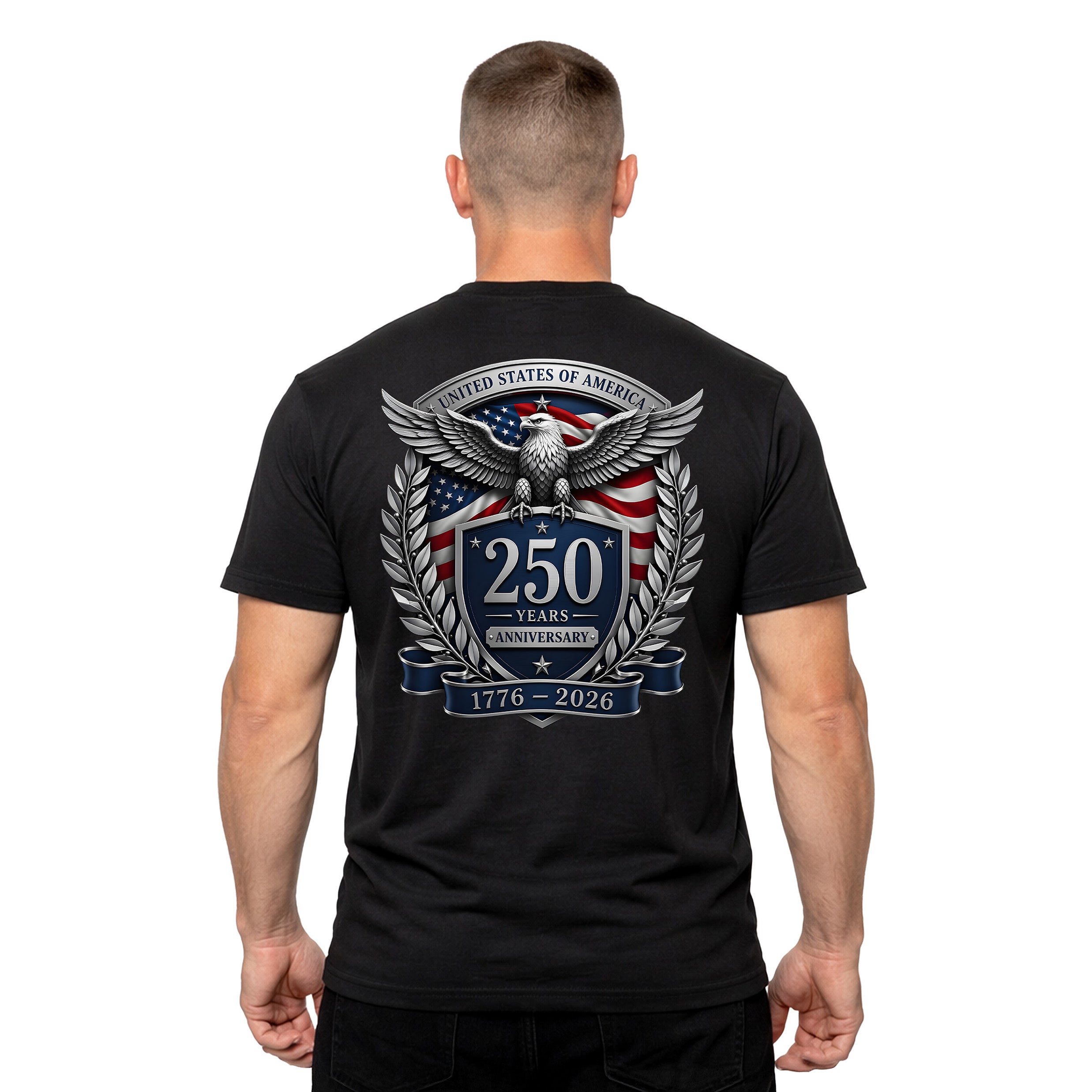 USA 250 years anniversary T-shirt with freedom eagle design and American flag back print. America's 250th birthday tee. USA 250 Years patriotic Black T-shirt.