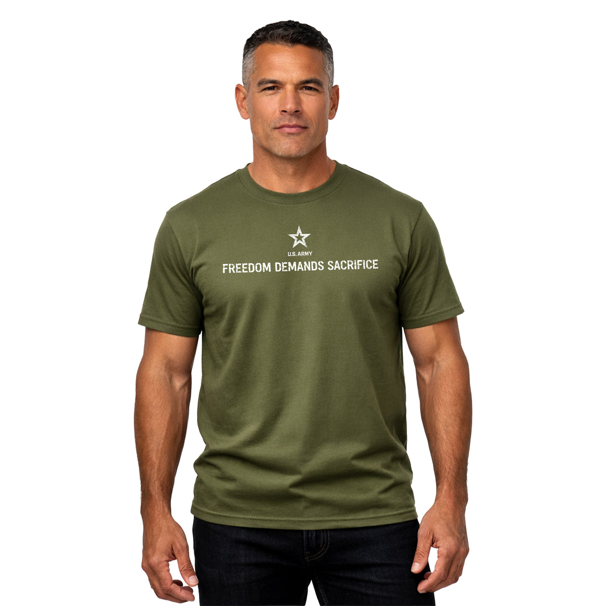The 1% Who Serve ARMY T-shirt with Freedom Demands Sacrifice graphic. U.S. Army patriotic T-shirt for Memorial Day