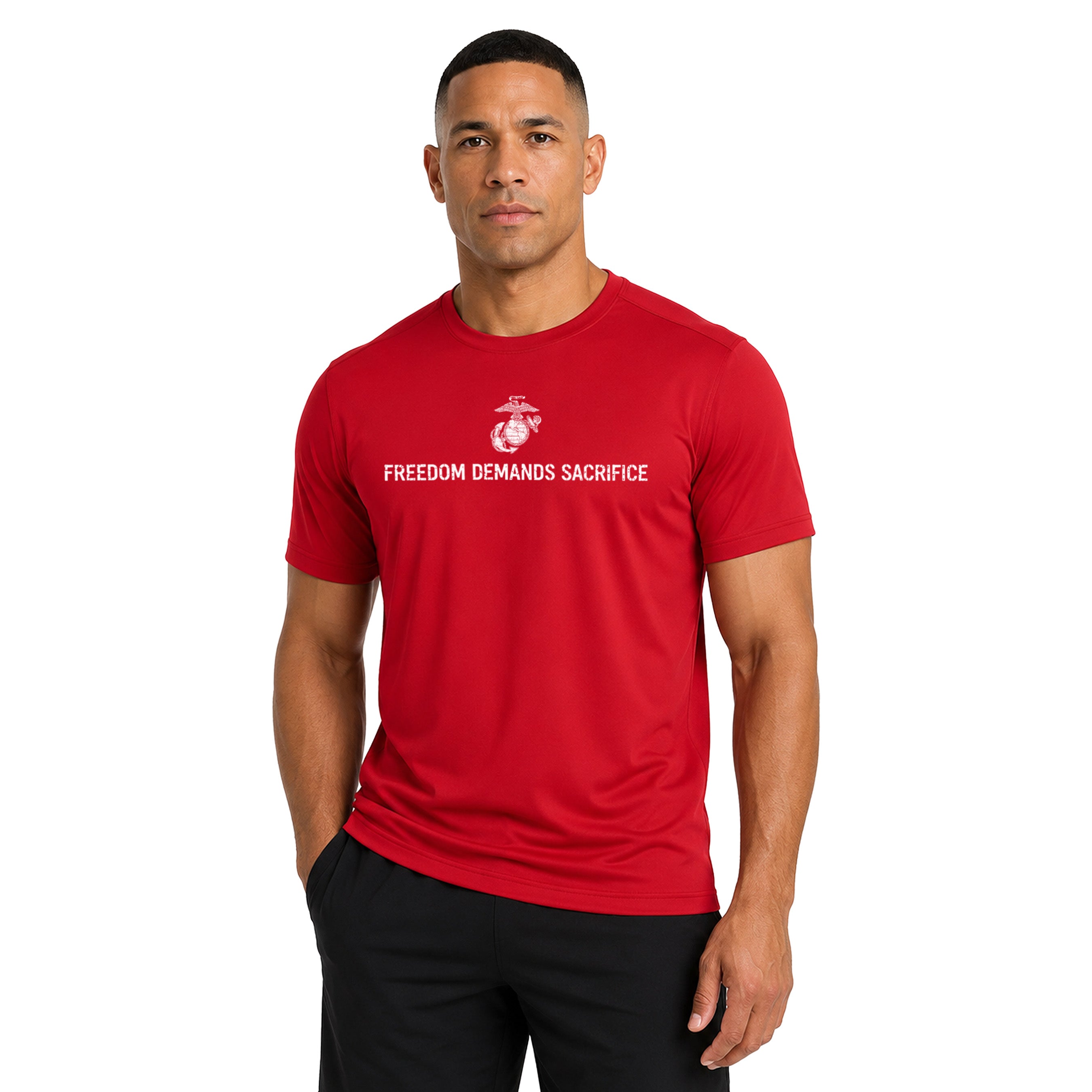 USMC 1 percent who serve performance Tee. USMC Red performance T-shirt with Freedom Demands Sacrifice