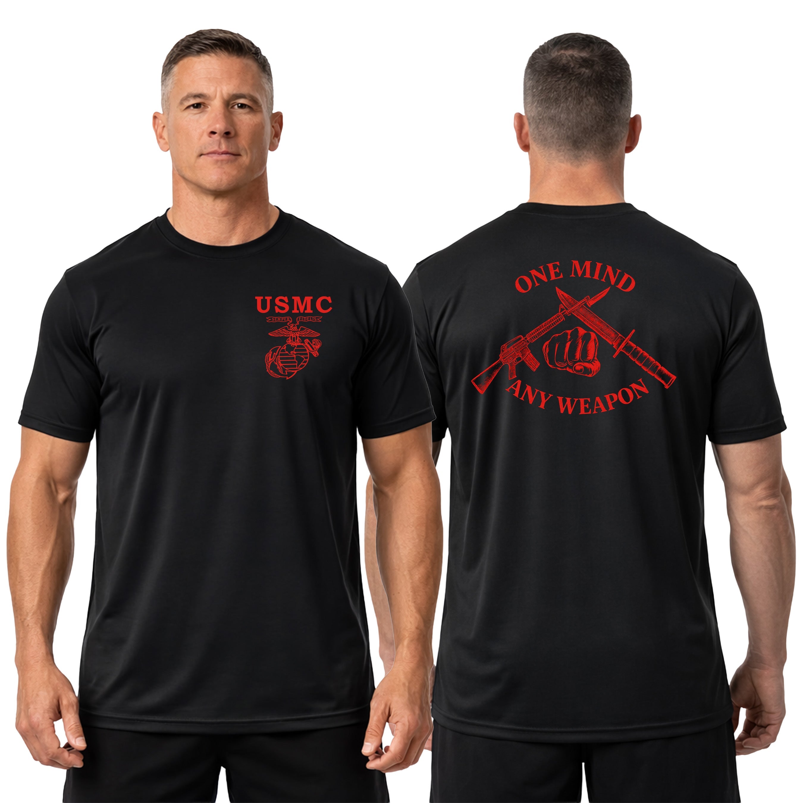 Black Marines Fight Club Performance Tee with chest EGA and back graphic reading ‘One Mind Any Weapon’ with crossed riffle and knife and clenched fist.