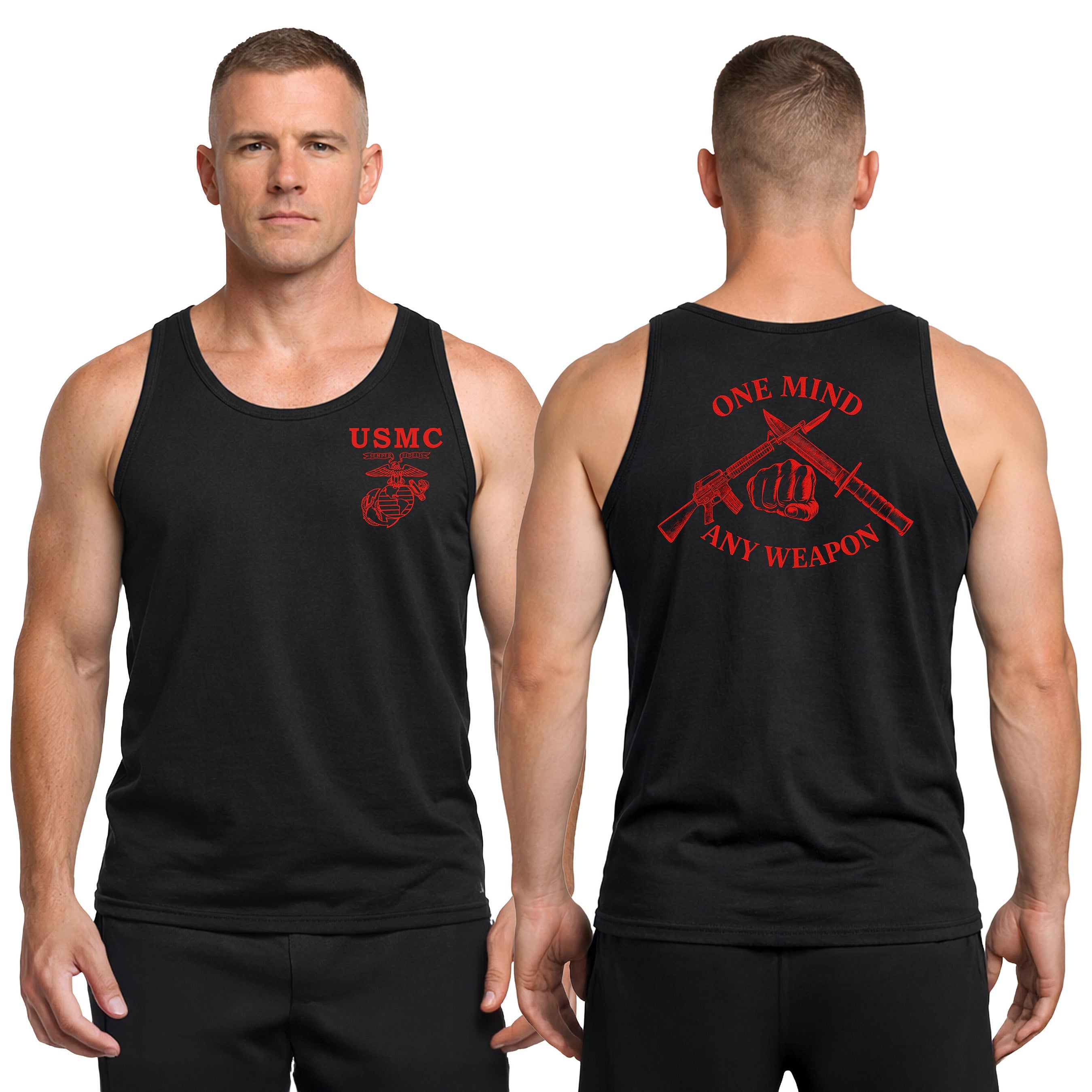 Black Marines Fight Club Tank with chest EGA and back graphic reading ‘One Mind Any Weapon’ with crossed riffle and knife and clenched fist.