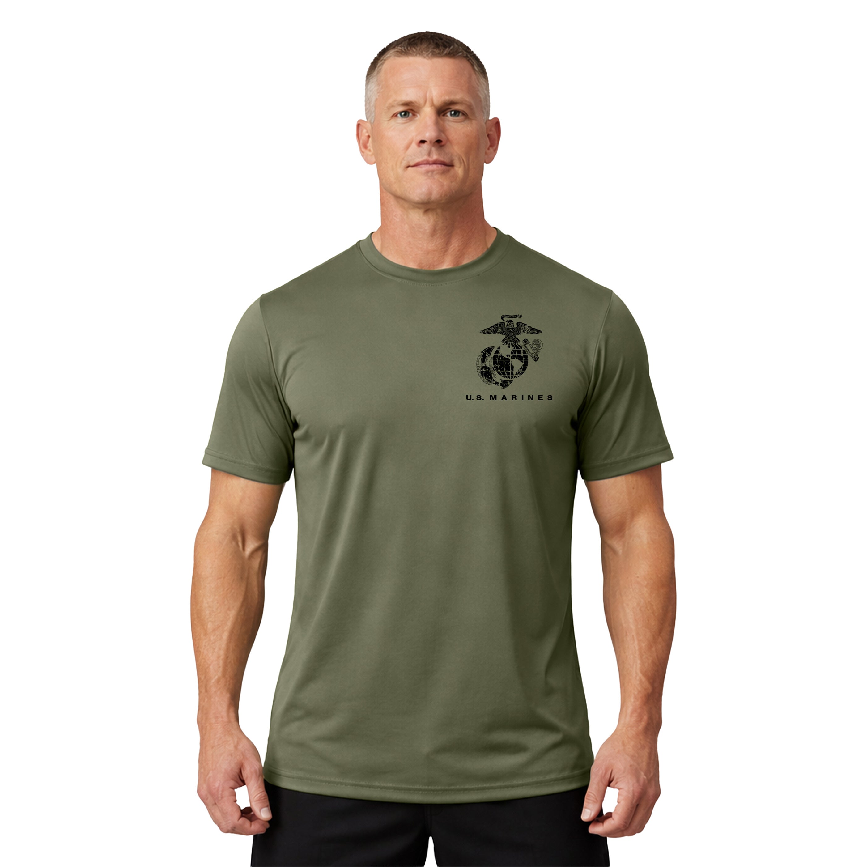 USMC Global Guardians performance T-shirt with Eagle Globe and Anchor and U.S. Marines chest graphic. Marines green performance tee. USMC activewear
