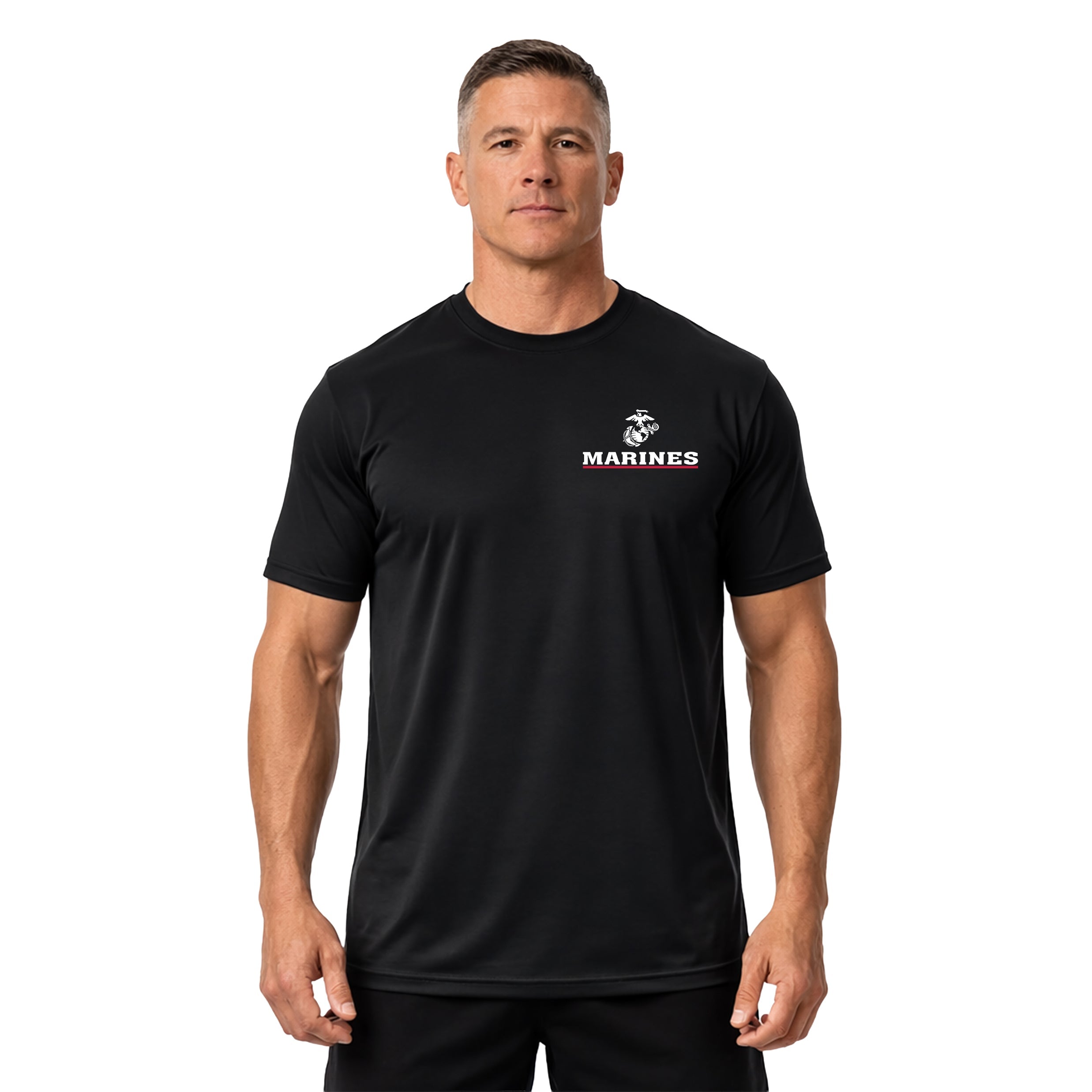 USMC Red Line performance T-shirt with Eagle Globe and Anchor and Marines chest graphic. Marines Black Performance tee. Marine Corps Activewear