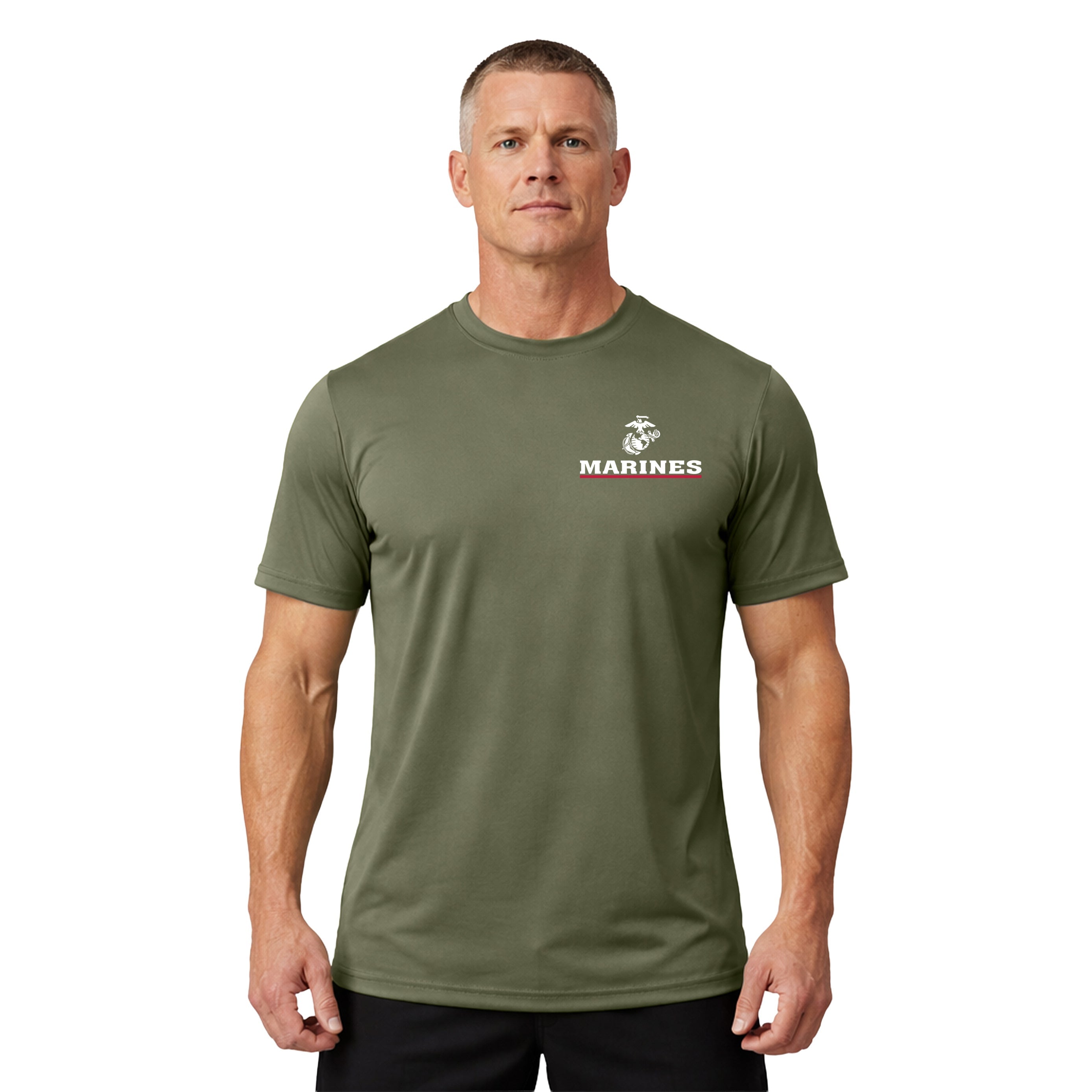 USMC Red Line performance T-shirt with Eagle Globe and Anchor and Marines chest graphic. Marines green Performance tee. Marine Corps Activewear