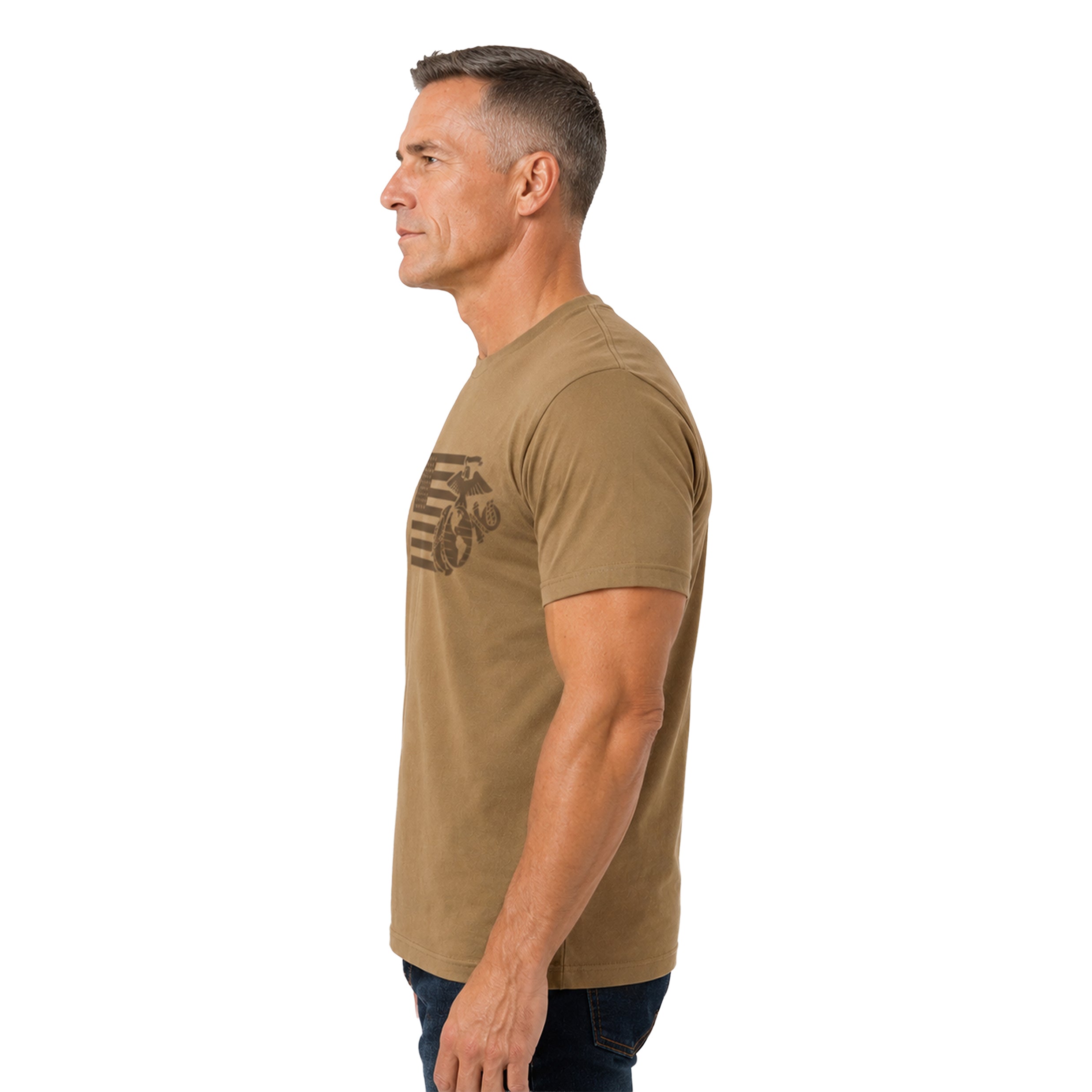 Coyote brown USMC Split Flag and EGA t-shirt with brown on brown American Flag and Marine Corps Eagle globe and anchor design. Marines Patriotic Tee. 