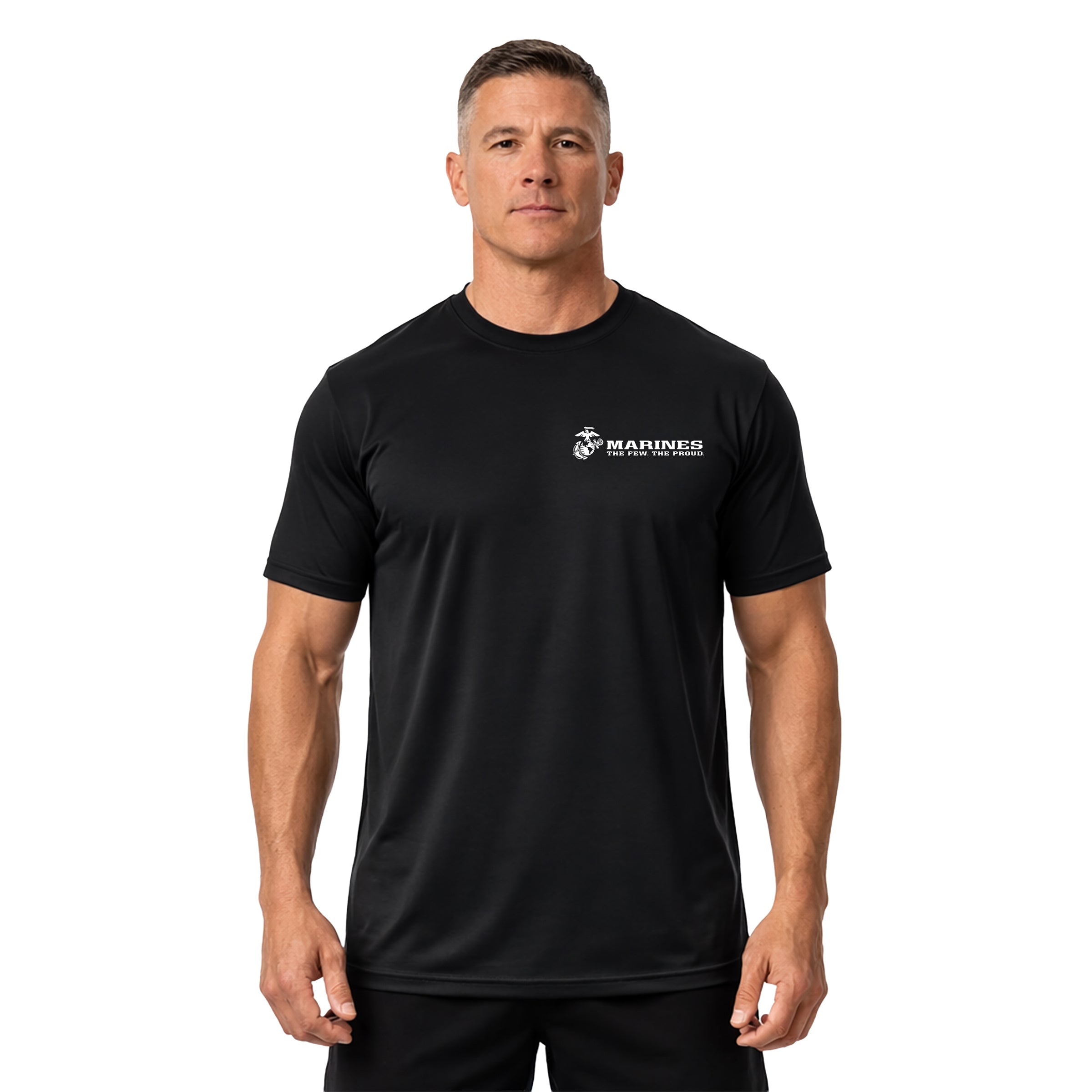 USMC The Few The Proud performance T-shirt with Eagle Globe and Anchor chest. Marines black Performance Tee. USMC Activewear