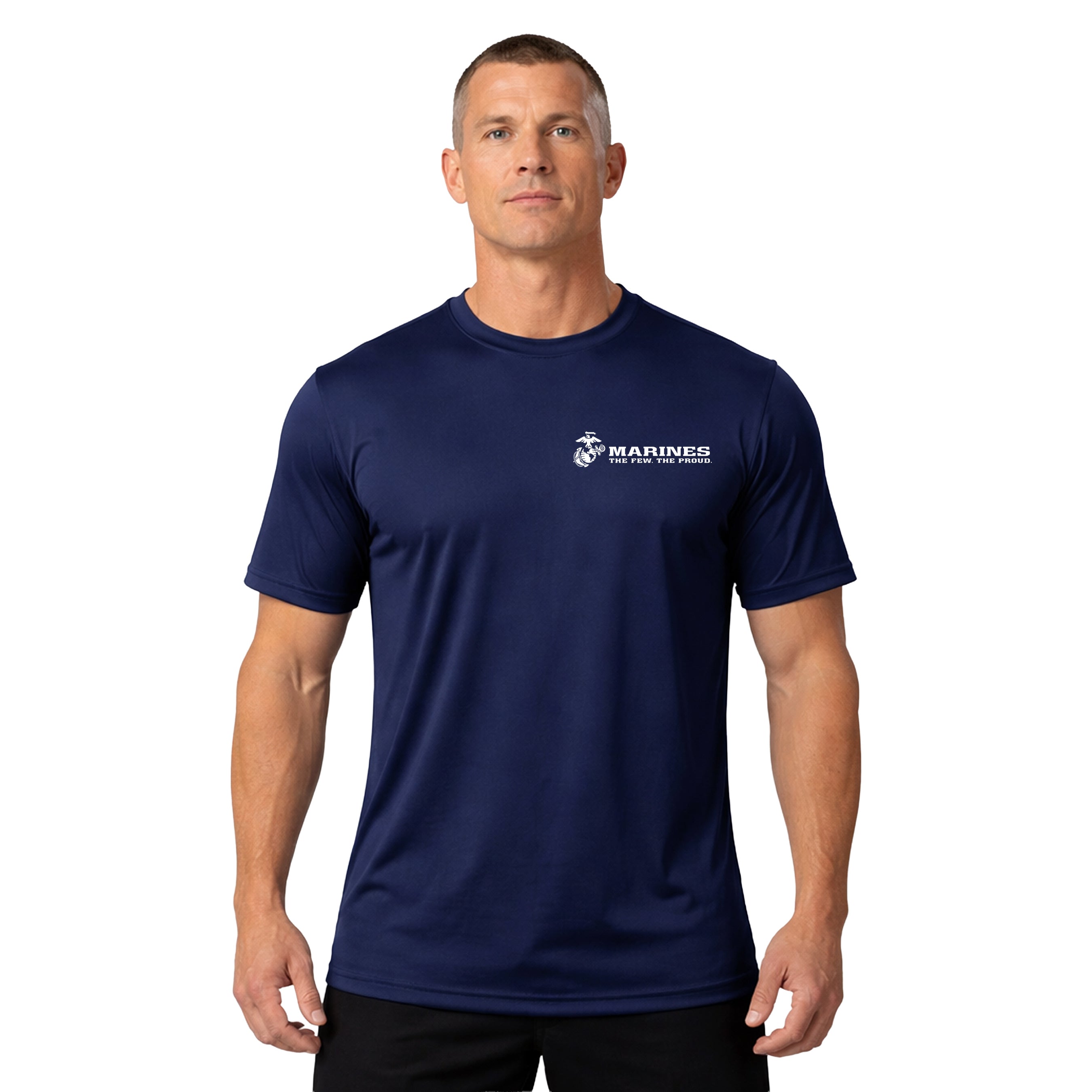 USMC The Few The Proud performance T-shirt with Eagle Globe and Anchor chest. Marines navy blue Performance Tee. USMC Activewear