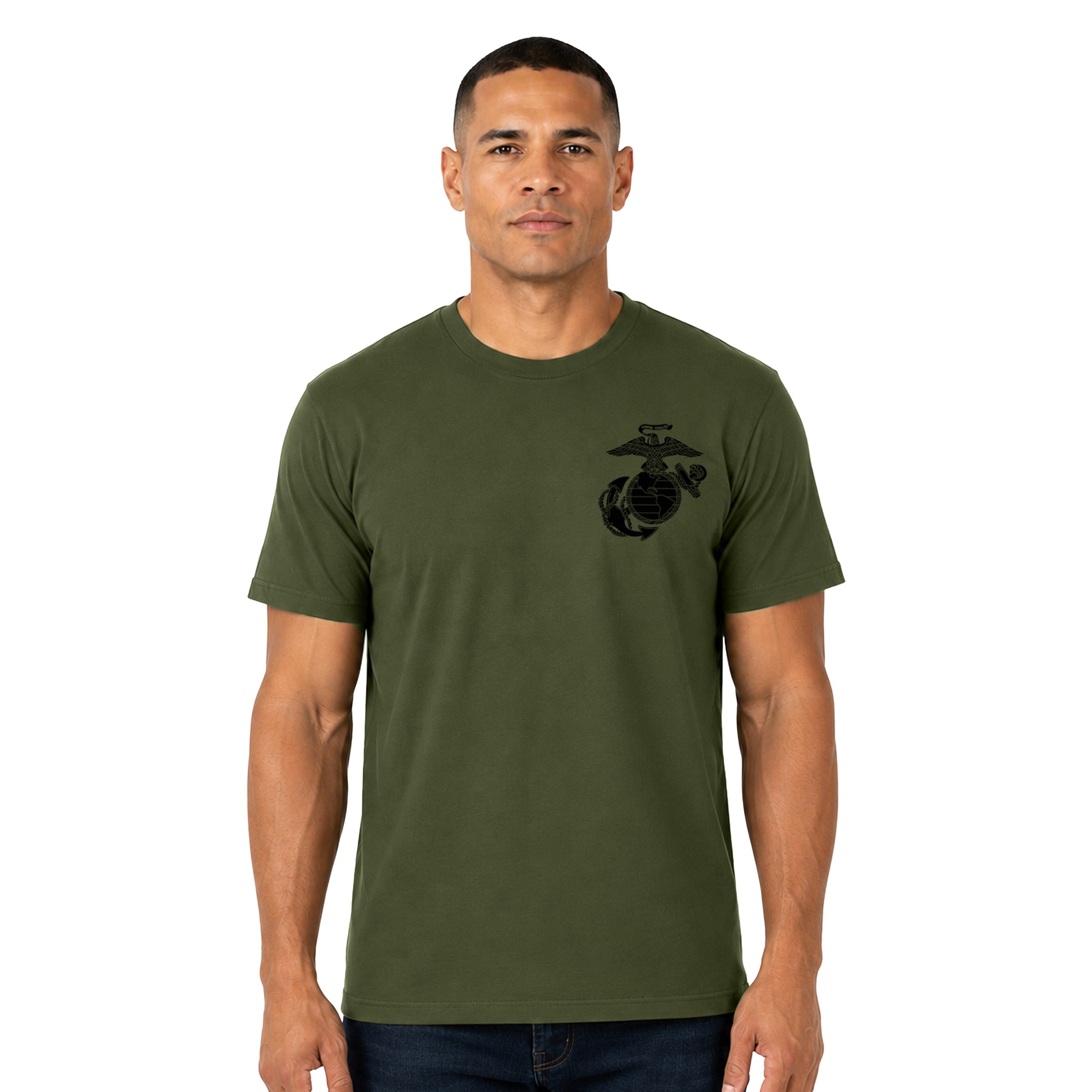 Marines vintage EGA chest seal T-shirt with Eagle Globe and Anchor cotton tee.  Green USMC Tee