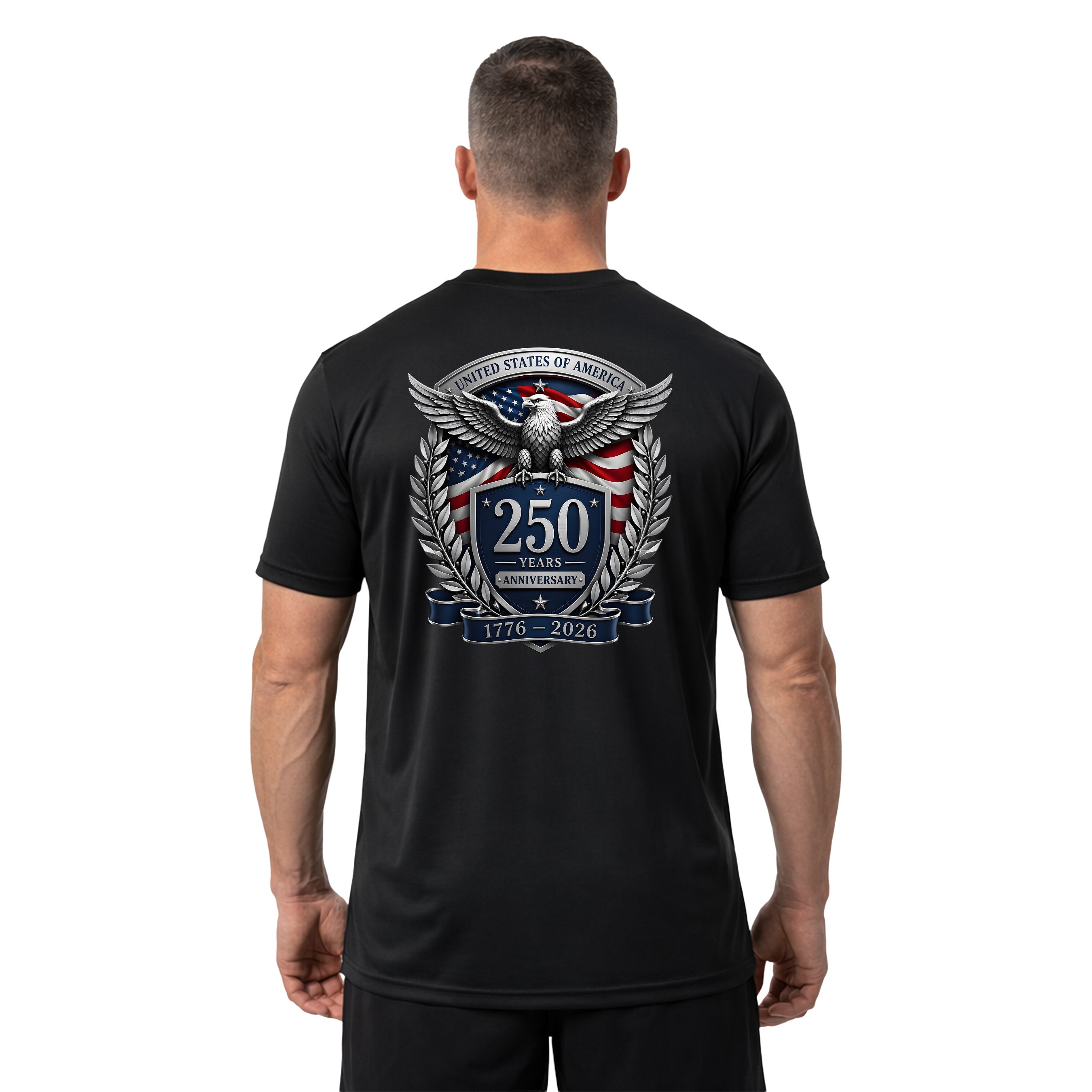 America 250th birthday performance T-shirt with American flag back print. America's 250th anniversary tee. USA 250 Years patriotic Black T-shirt.