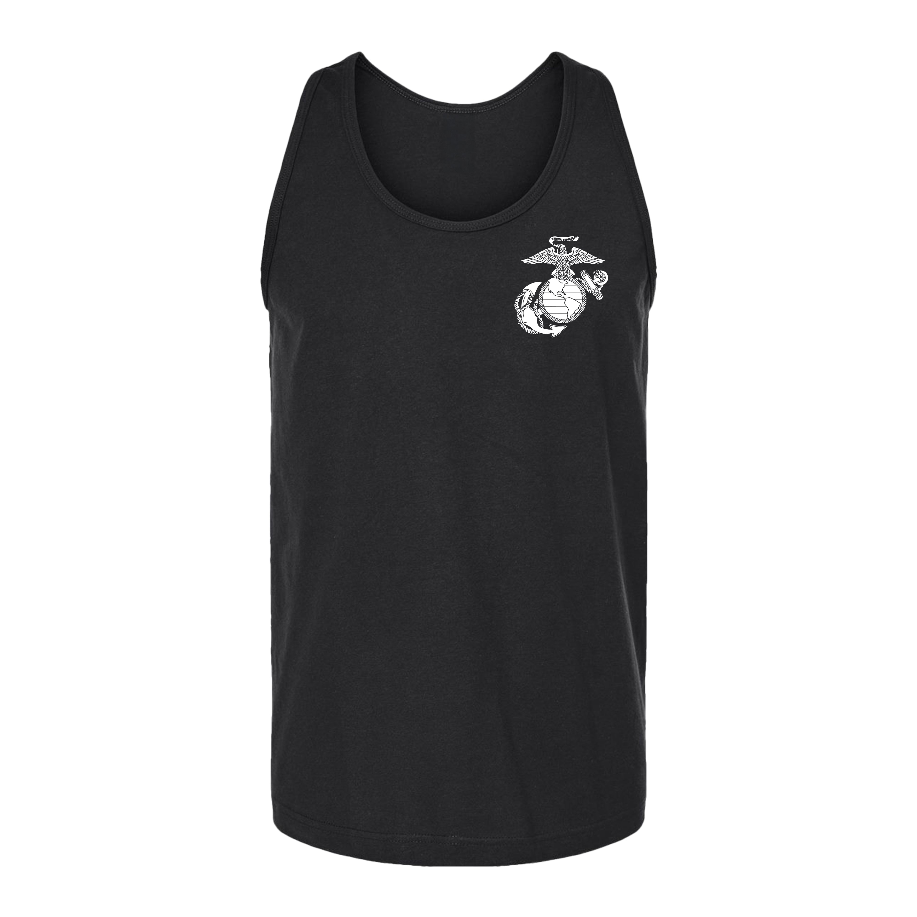 Men’s USMC tank top with front-left chest print of the Eagle, Globe, and Anchor emblem in white, Marine Corps design.