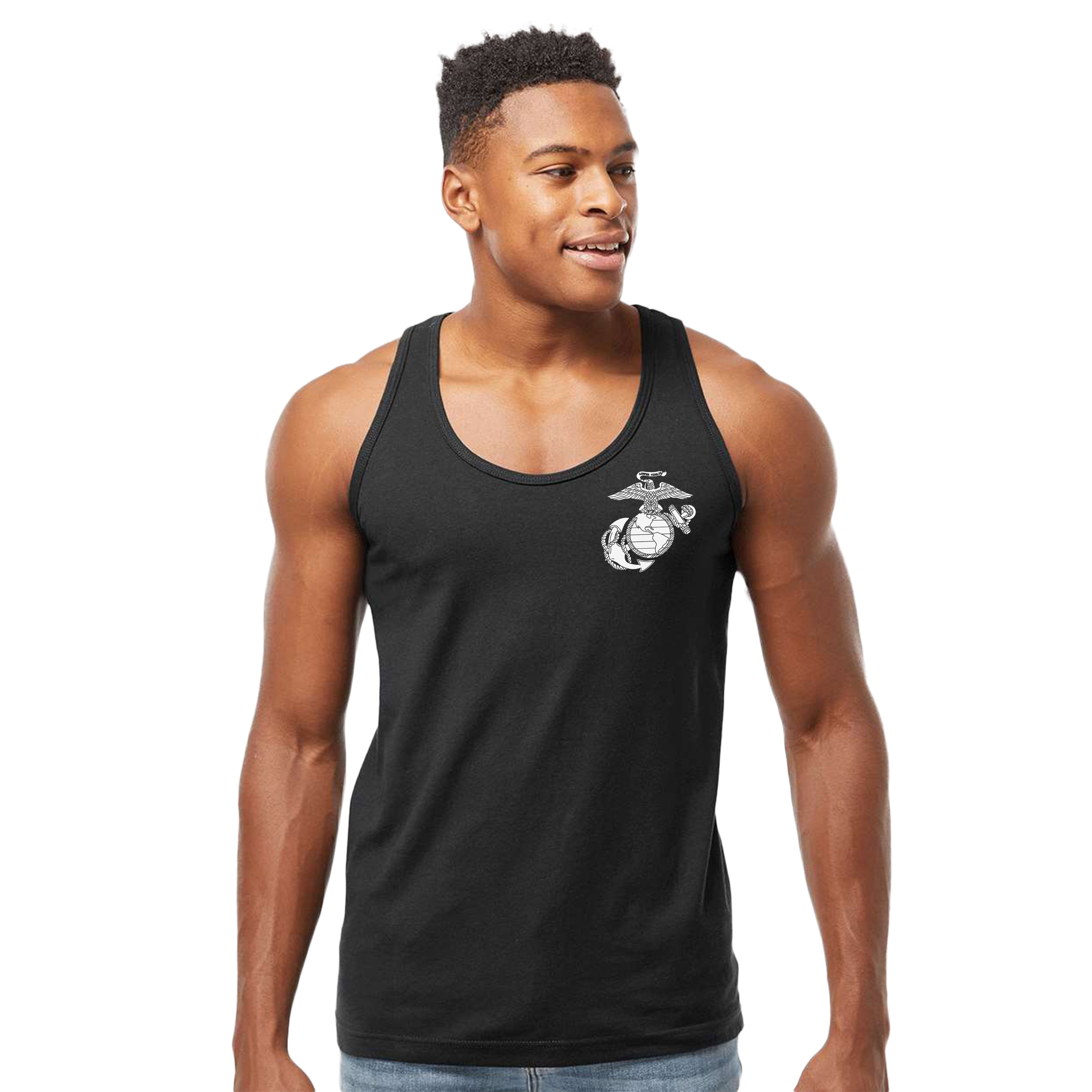 Men’s USMC tank top with front-left chest print of the Eagle, Globe, and Anchor emblem in white, Marine Corps design.