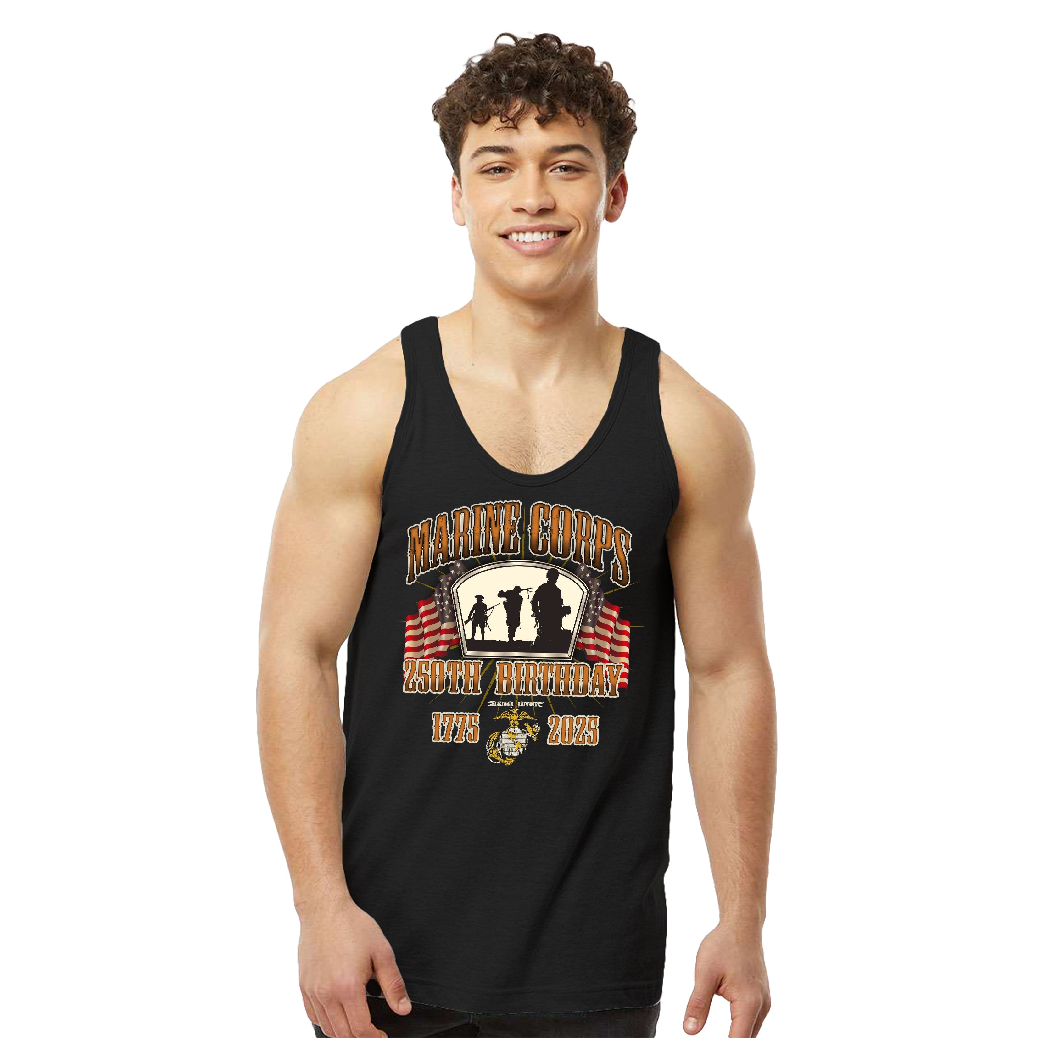 Men’s USMC 250th Birthday tank top featuring silhouettes of Marines, American flags, Eagle Globe and Anchor emblem, and bold text 'Marine Corps 250th Birthday 1775–2025' in patriotic design.