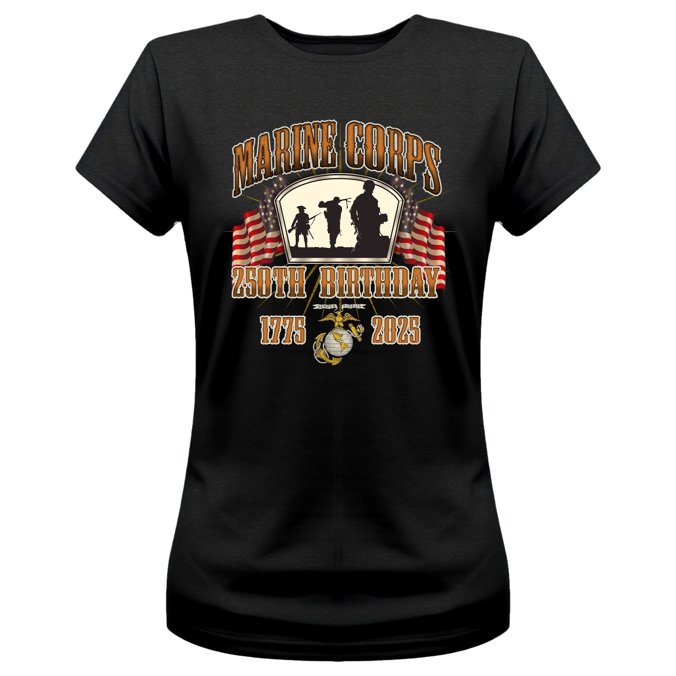 Women’s USMC 250th Birthday t-shirt featuring silhouette of Marines, American flags, Eagle Globe and Anchor emblem, and bold text 'Marine Corps 250th Birthday 1775–2025' in patriotic design.