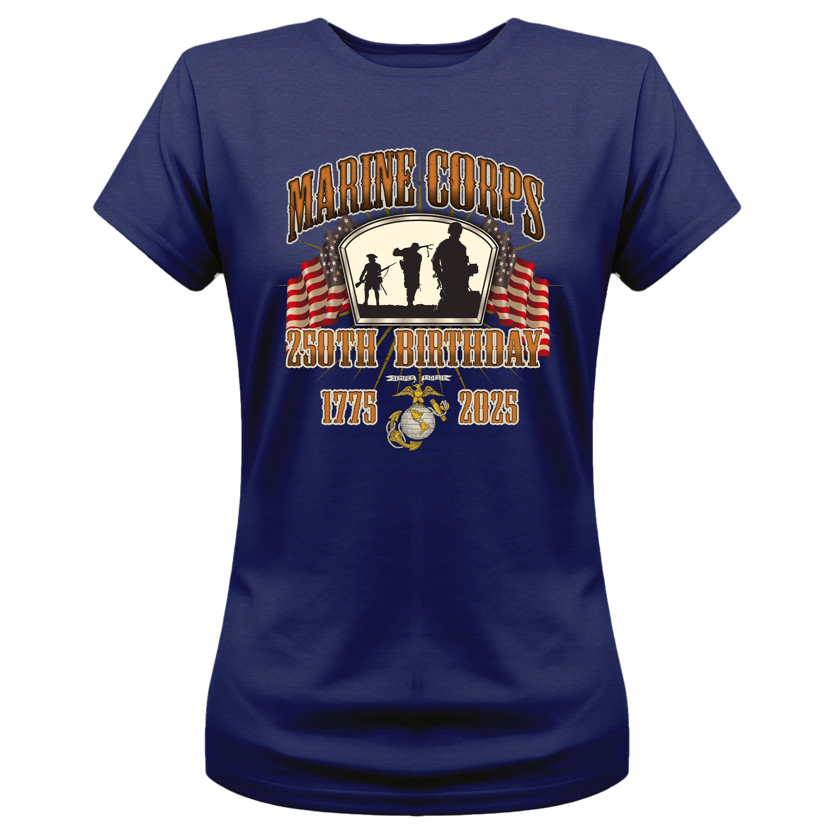 Women’s USMC 250th Birthday t-shirt featuring silhouette of Marines, American flags, Eagle Globe and Anchor emblem, and bold text 'Marine Corps 250th Birthday 1775–2025' in patriotic design.