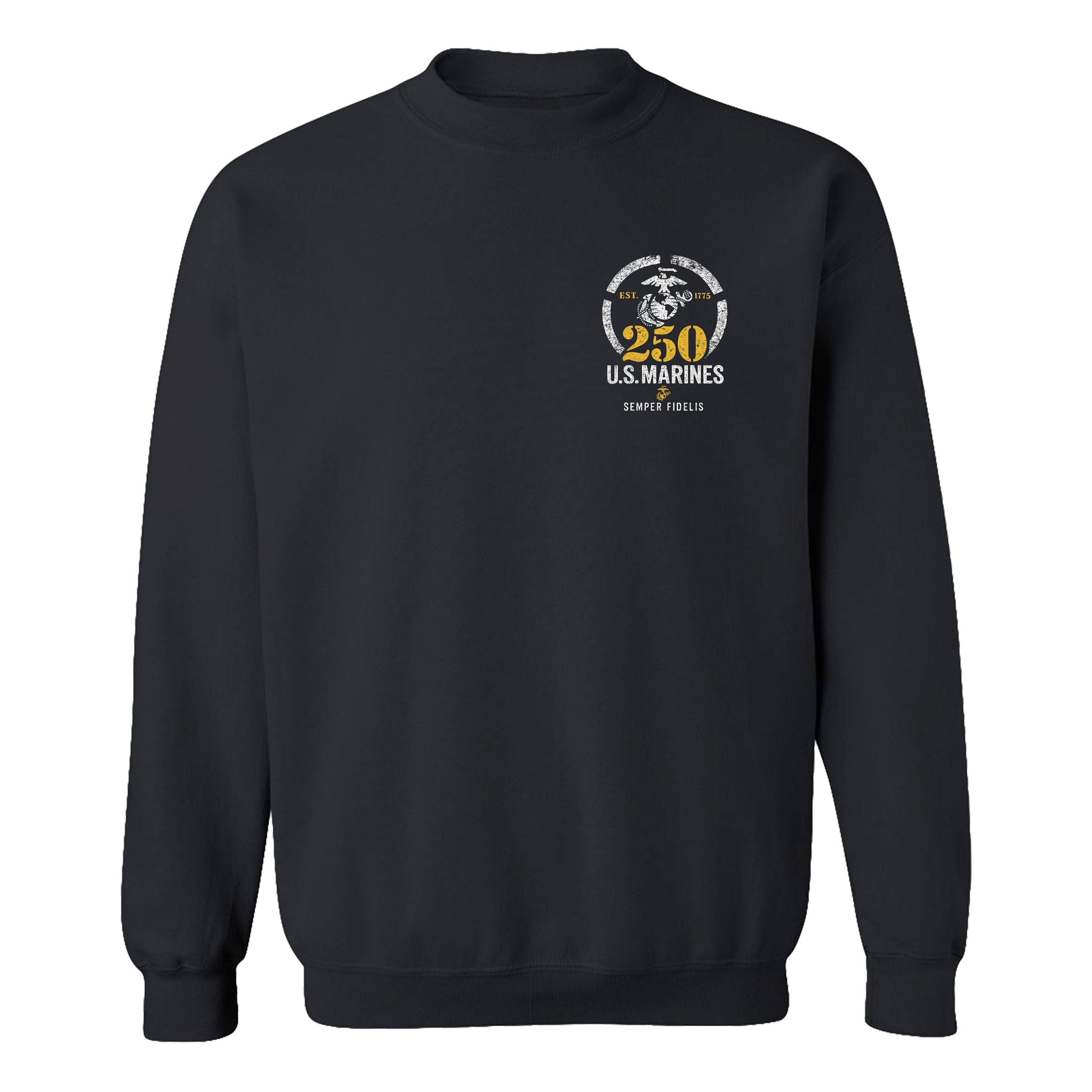 black USMC 250th Anniversary sweatshirt with Eagle, Globe, and Anchor chest seal and Semper Fidelis text